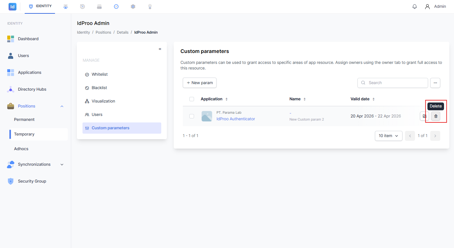 Ikon Delete pada baris data Custom parameters disorot kotak merah dengan tooltip bertuliskan Delete.