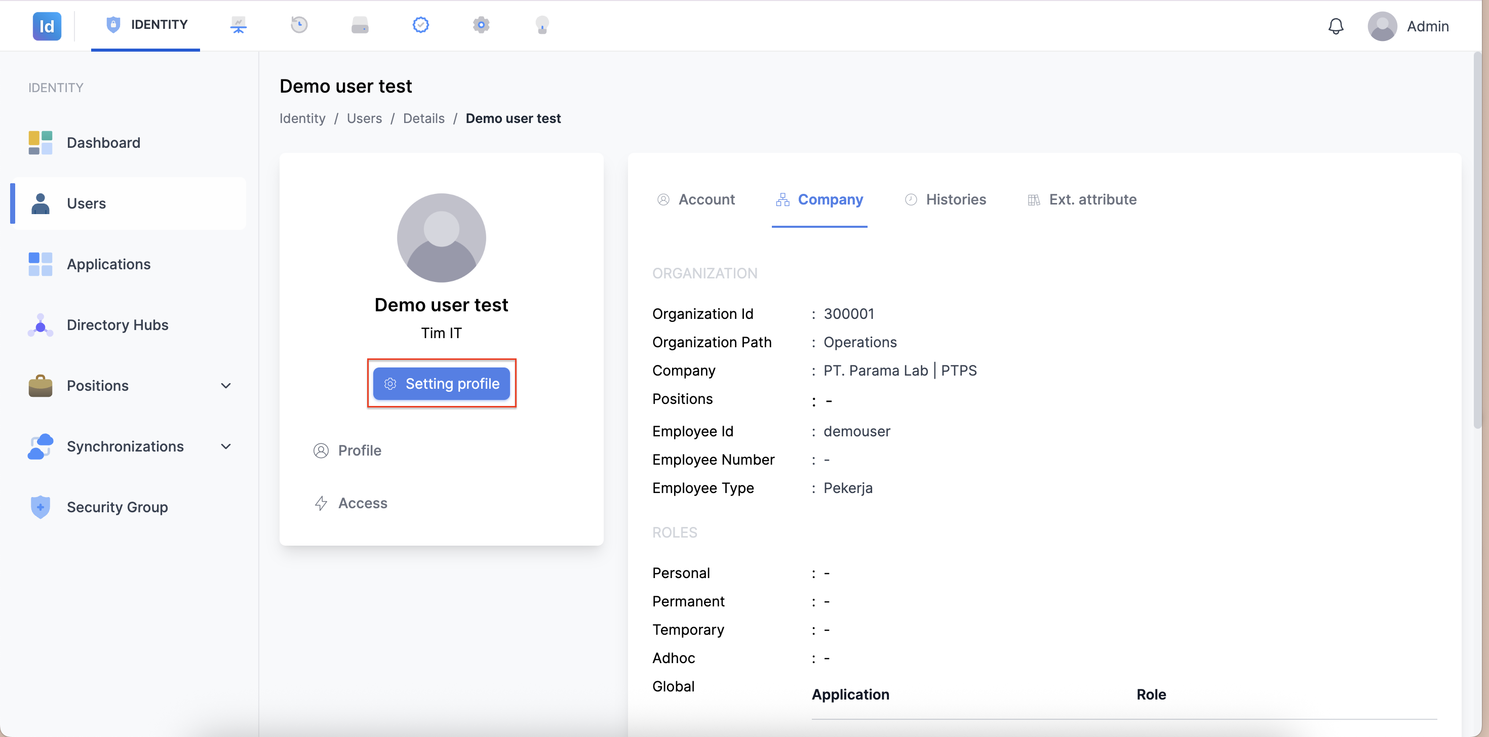 Tombol Setting Profile pada Halaman Detail Pengguna