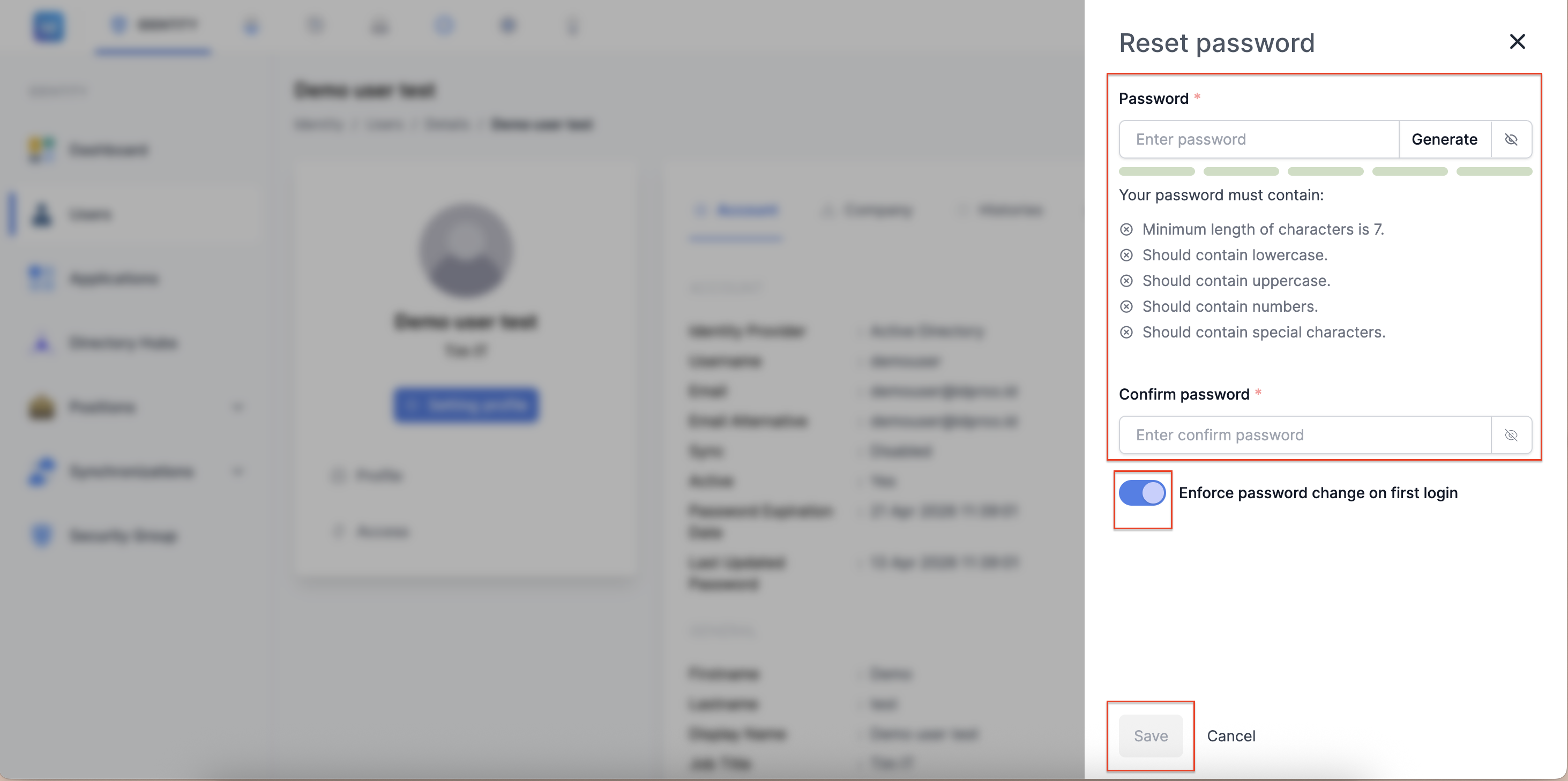 Panel Reset Password dengan Enforce Password Change on First Login Aktif