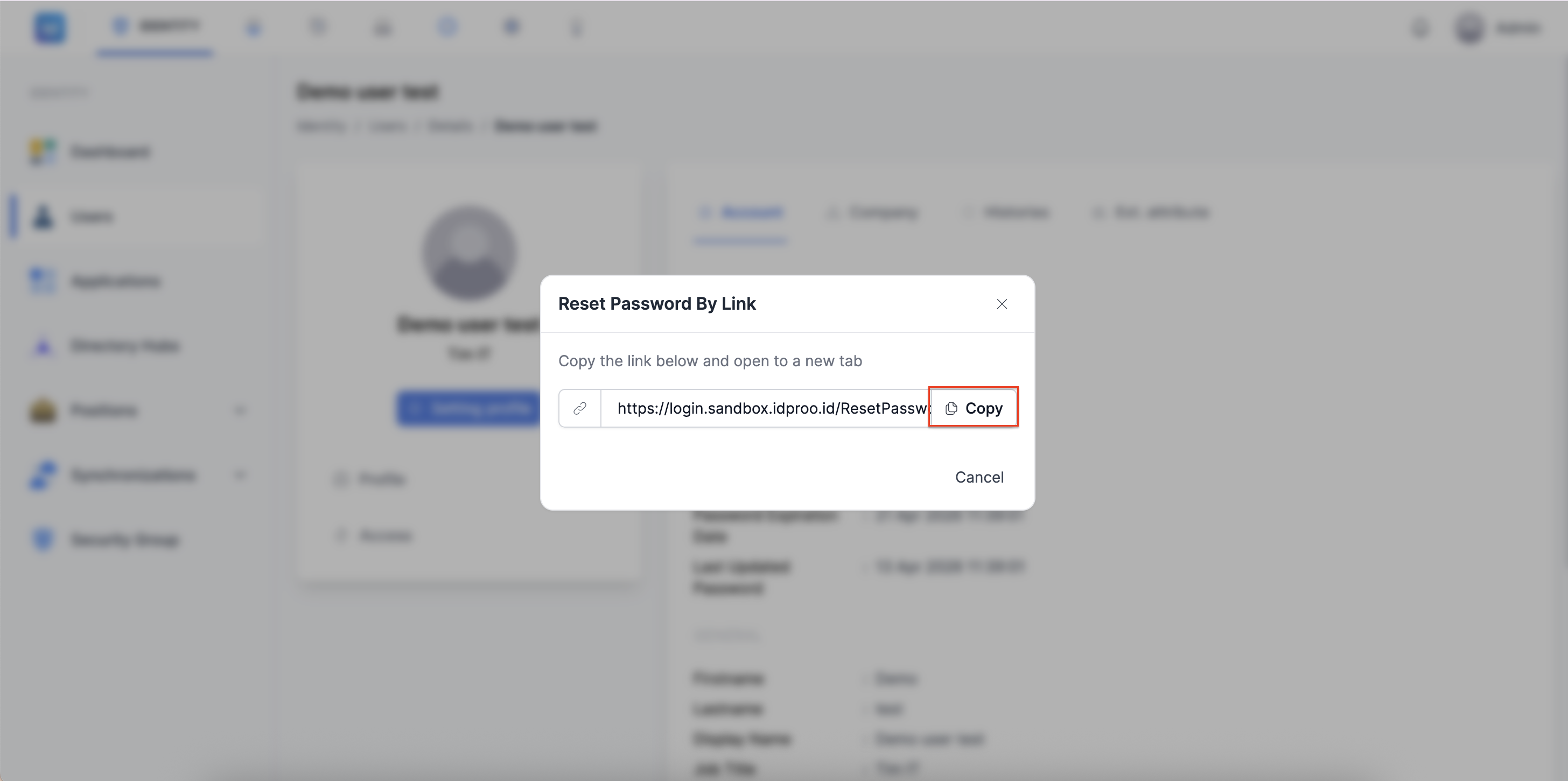 Dialog Reset Password By Link dengan Tombol Copy