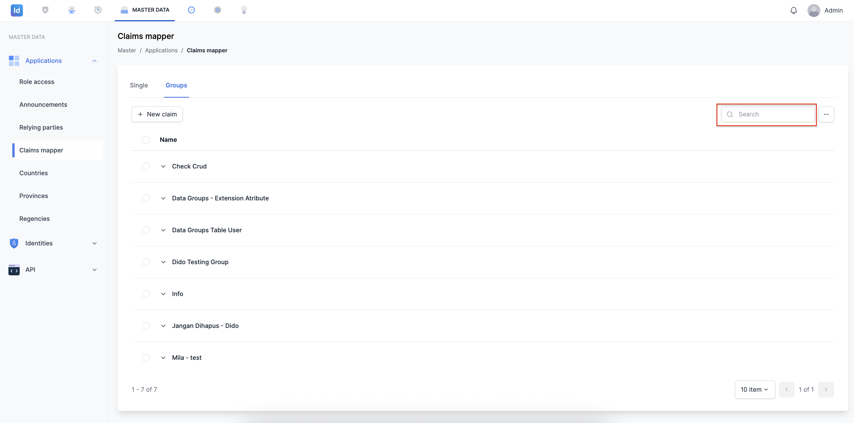 Menampilkan Search Claims Groups