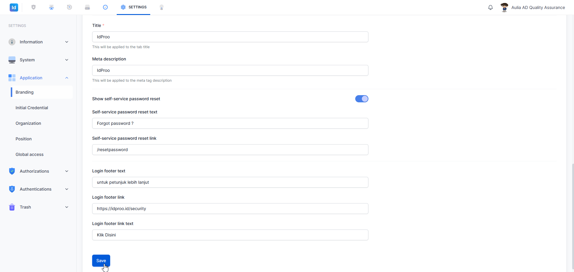 Branding — pengaturan teks login dan tombol Save