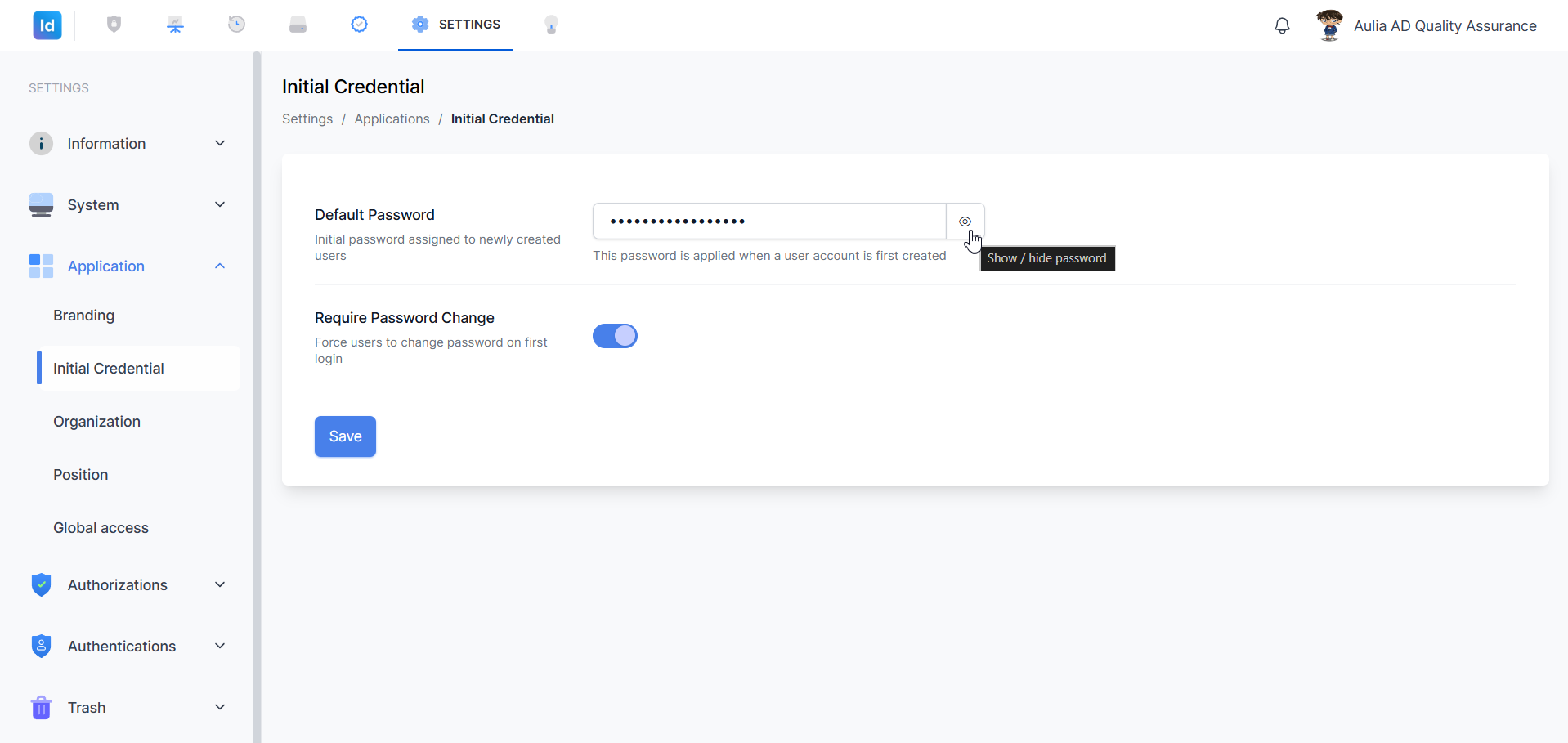 Initial Credential — tooltip Show/hide password