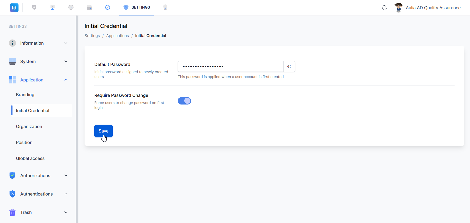 Initial Credential — tombol Save