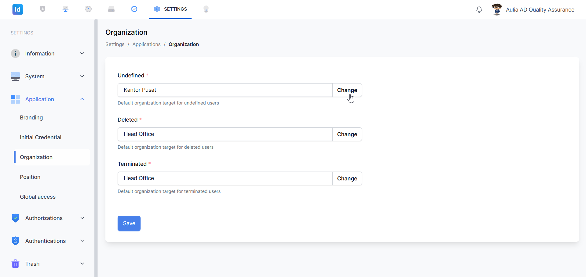 Organization — klik Change