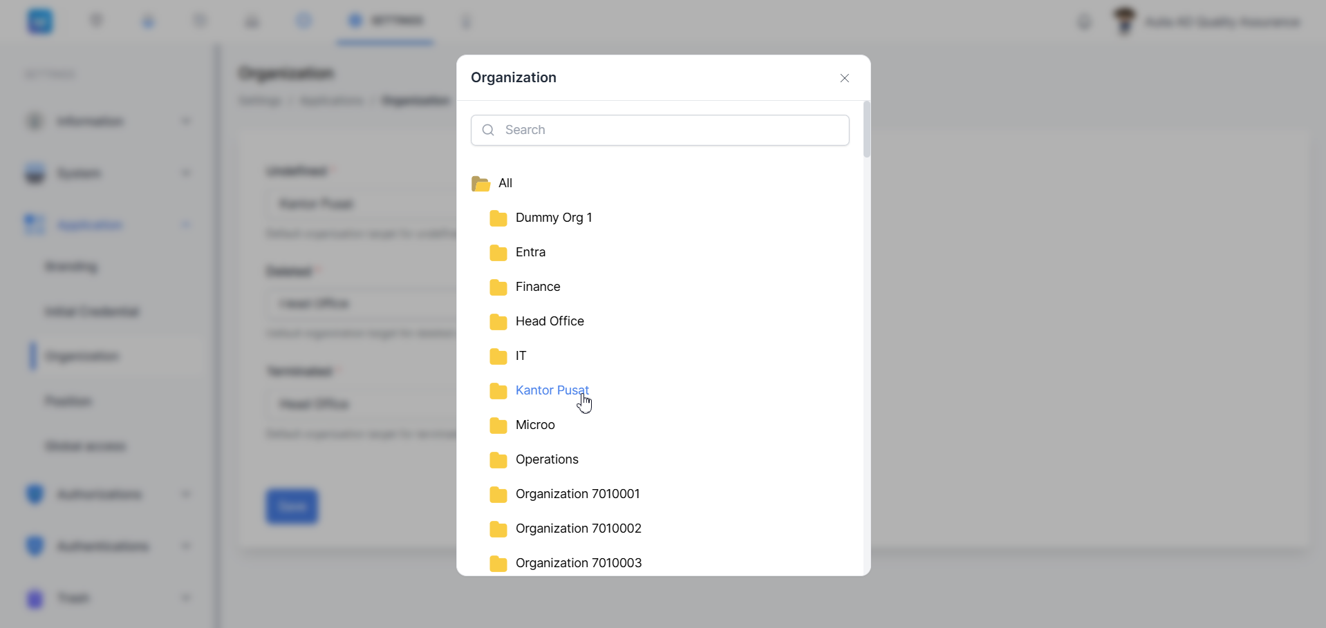 Organization — dialog pemilihan organisasi