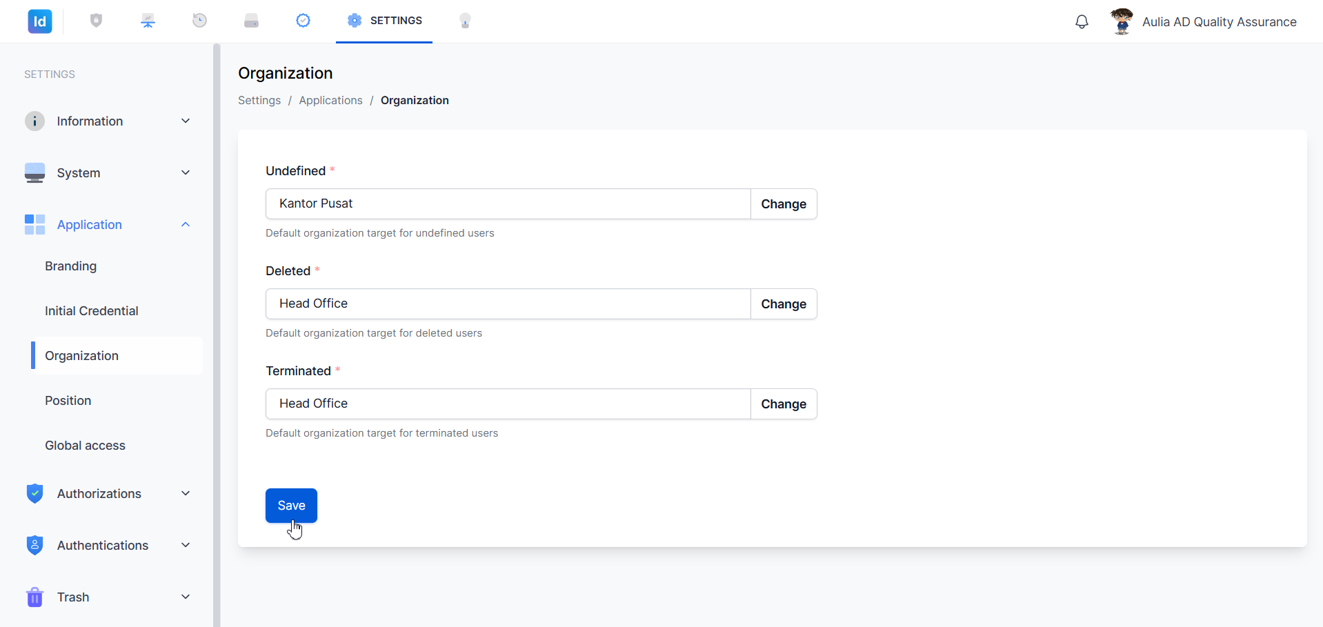 Organization — tombol Save