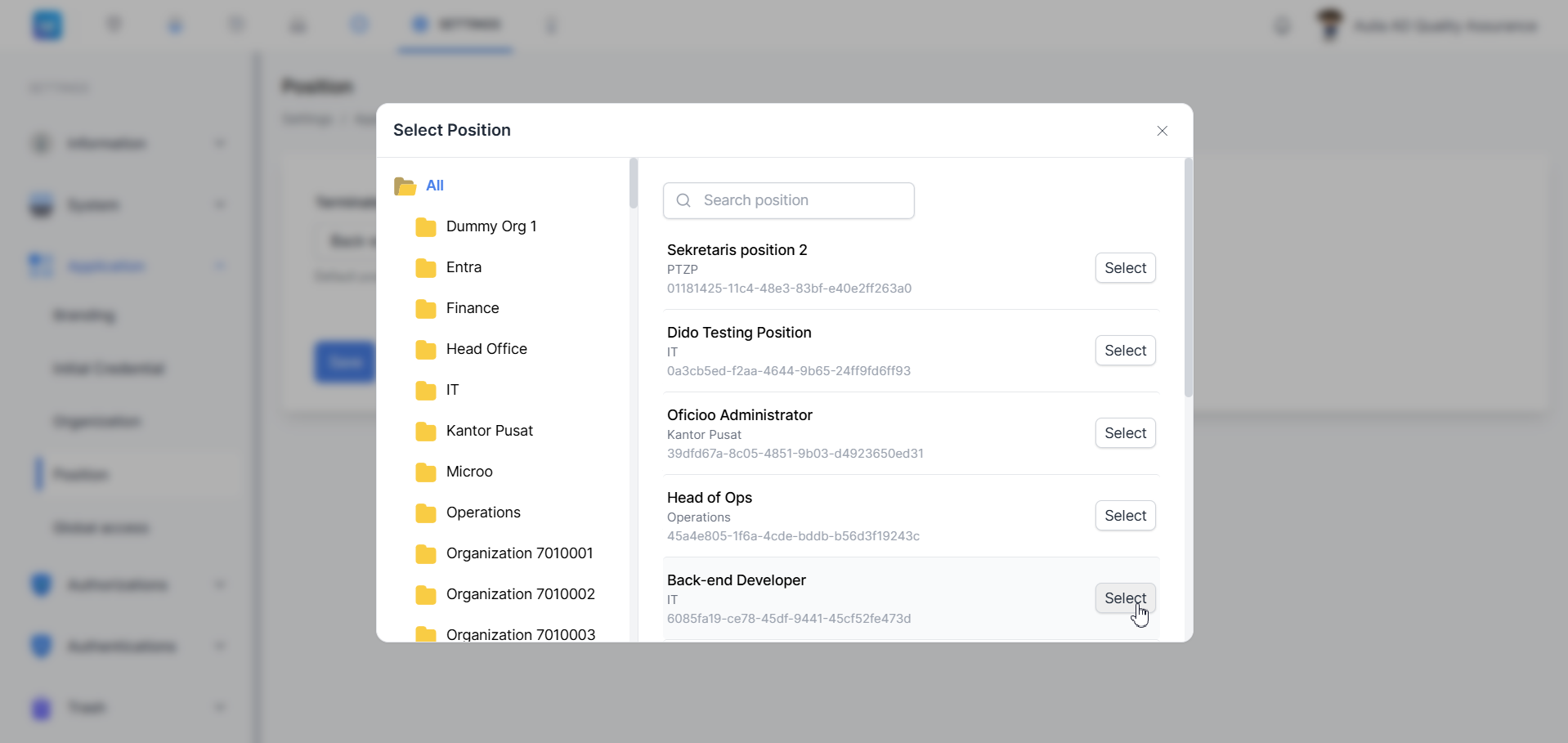 Position — dialog Select Position