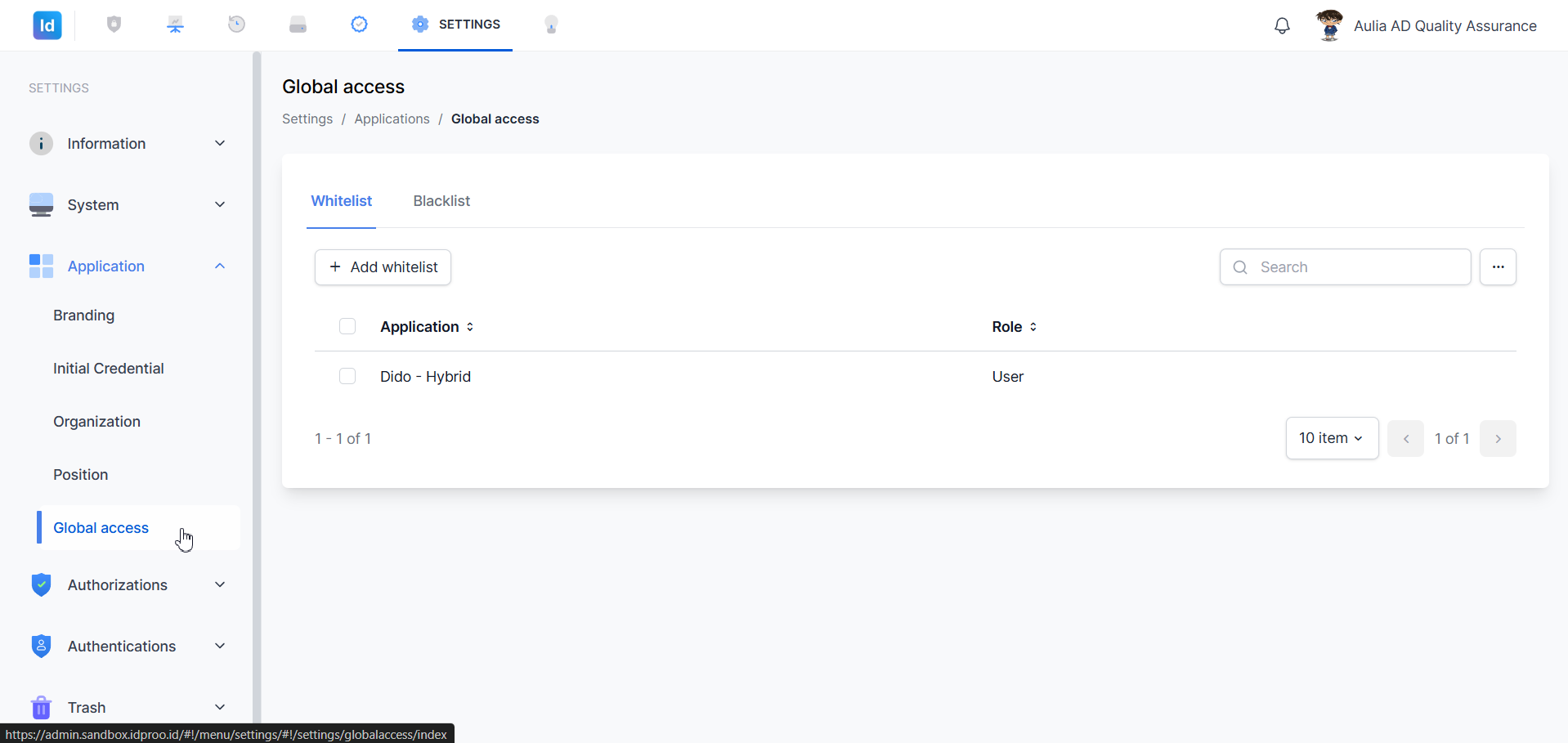 Global access — halaman Whitelist