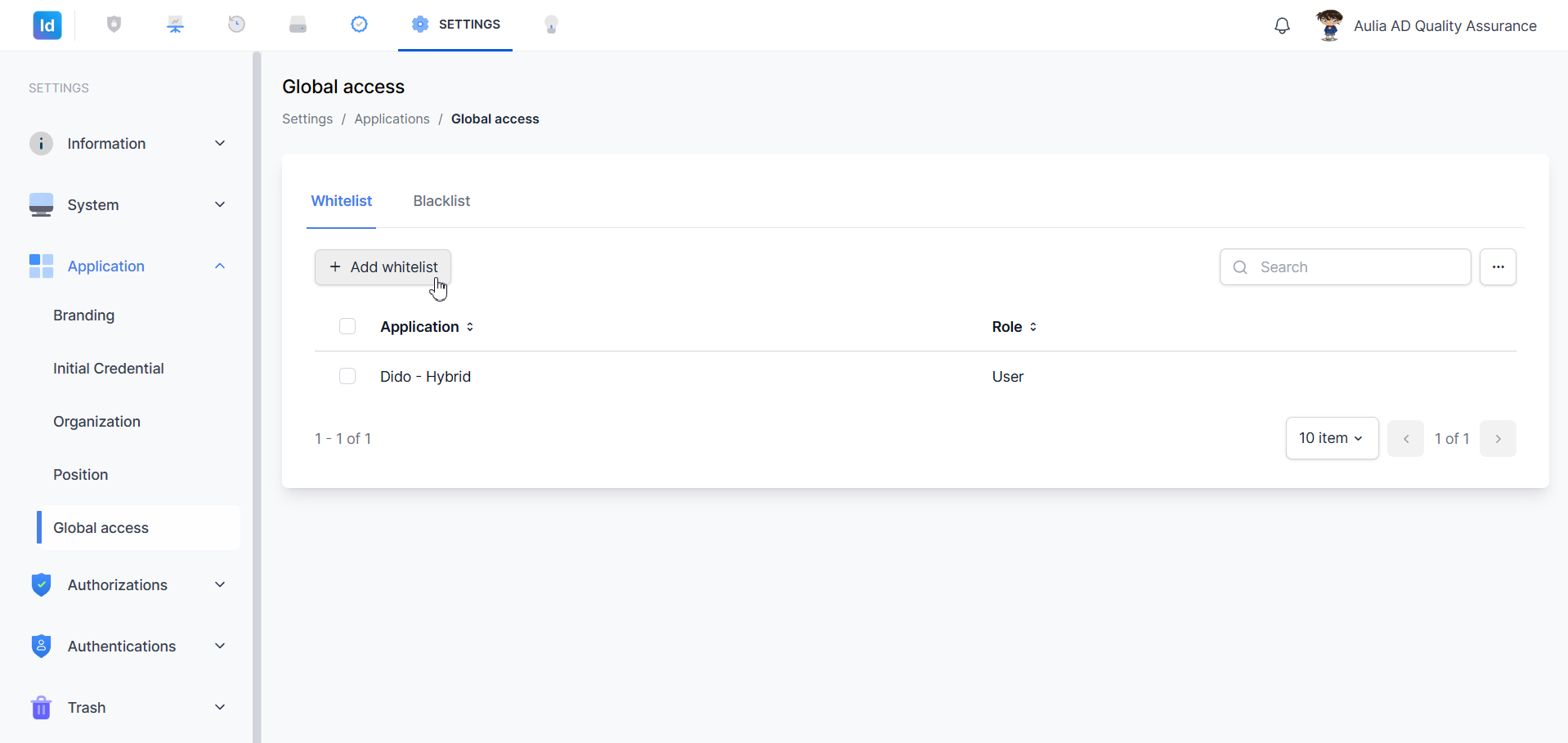 Global access — klik Add whitelist