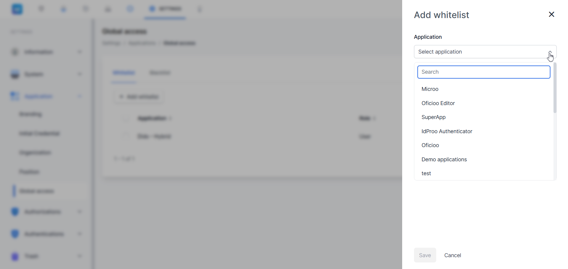 Global access — Add whitelist dropdown aplikasi