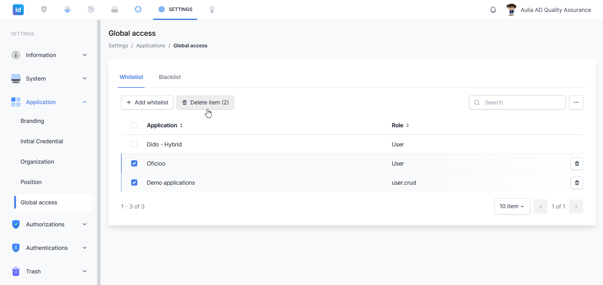 Global access — bulk delete dipilih