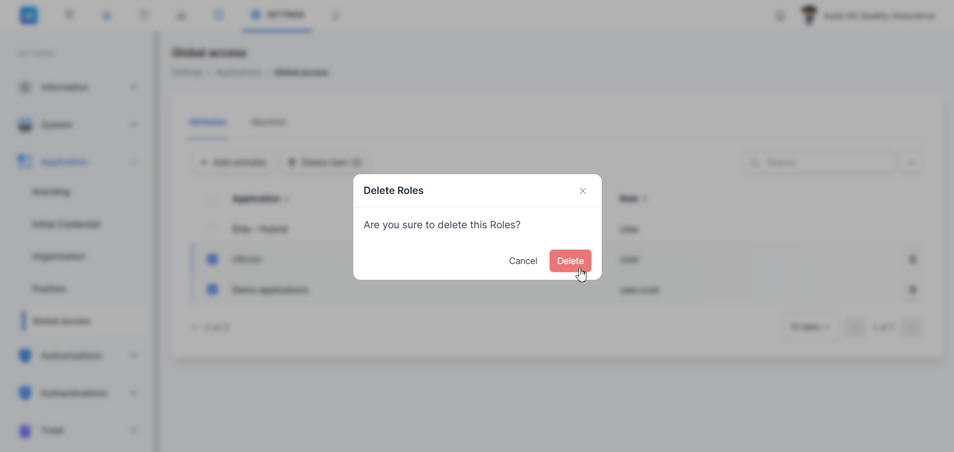 Global access — dialog konfirmasi Delete