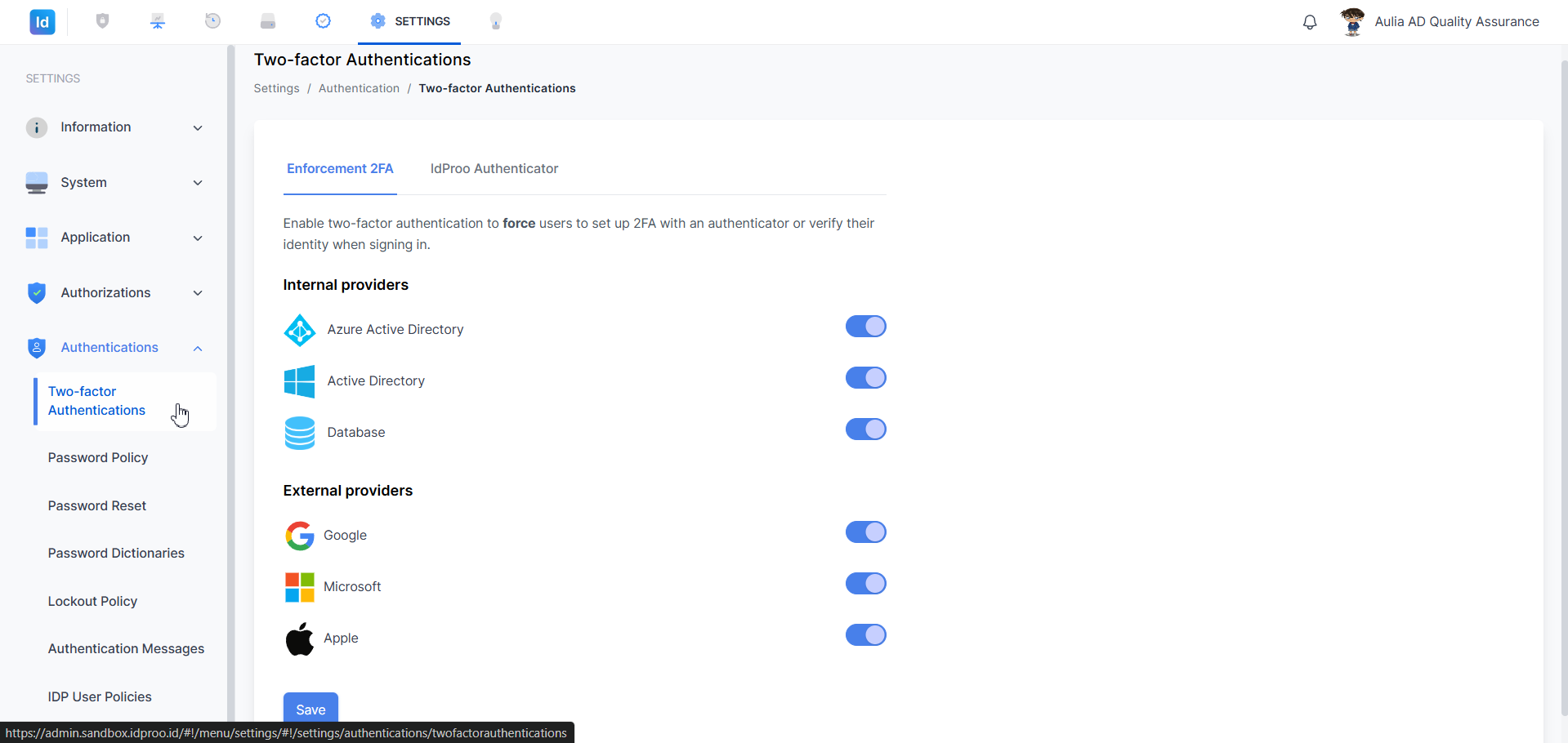 Two-Factor Authentications — tab Enforcement 2FA