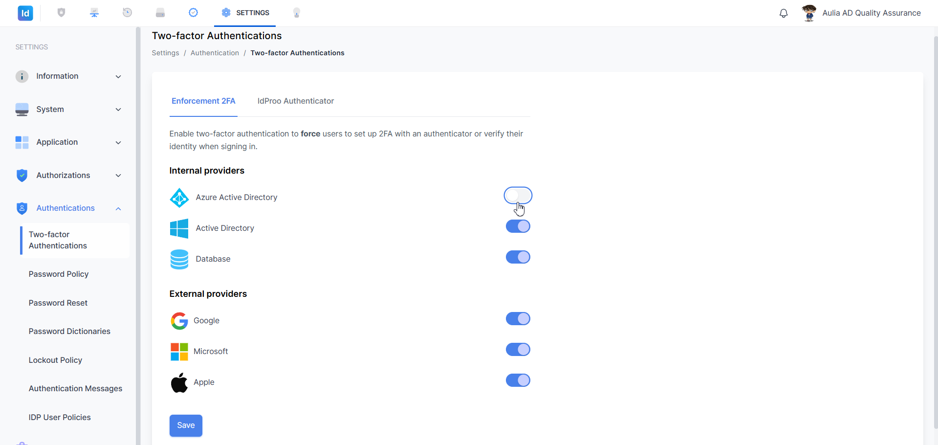 Enforcement 2FA — toggle provider diubah