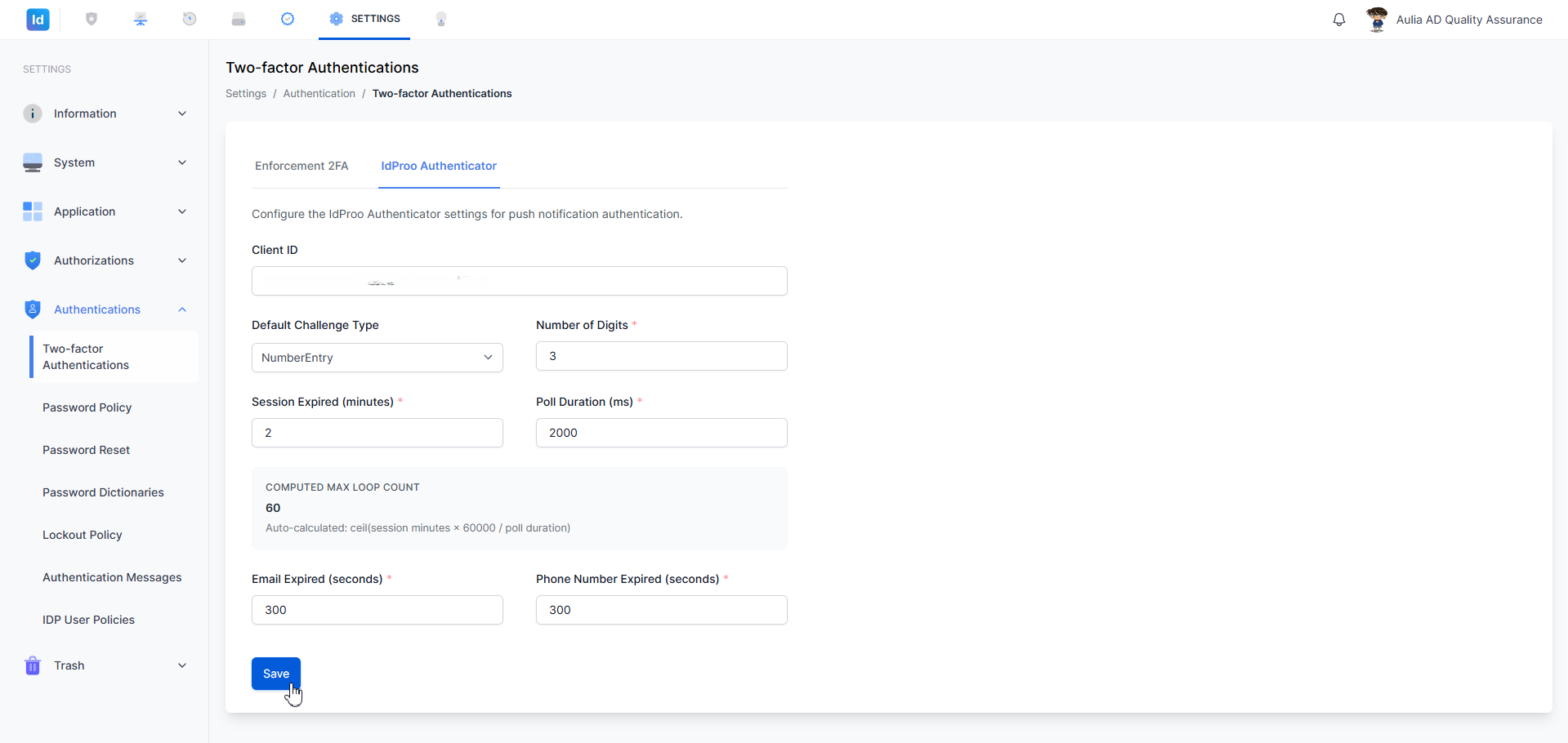 Two-Factor Authentications — tab IdProo Authenticator