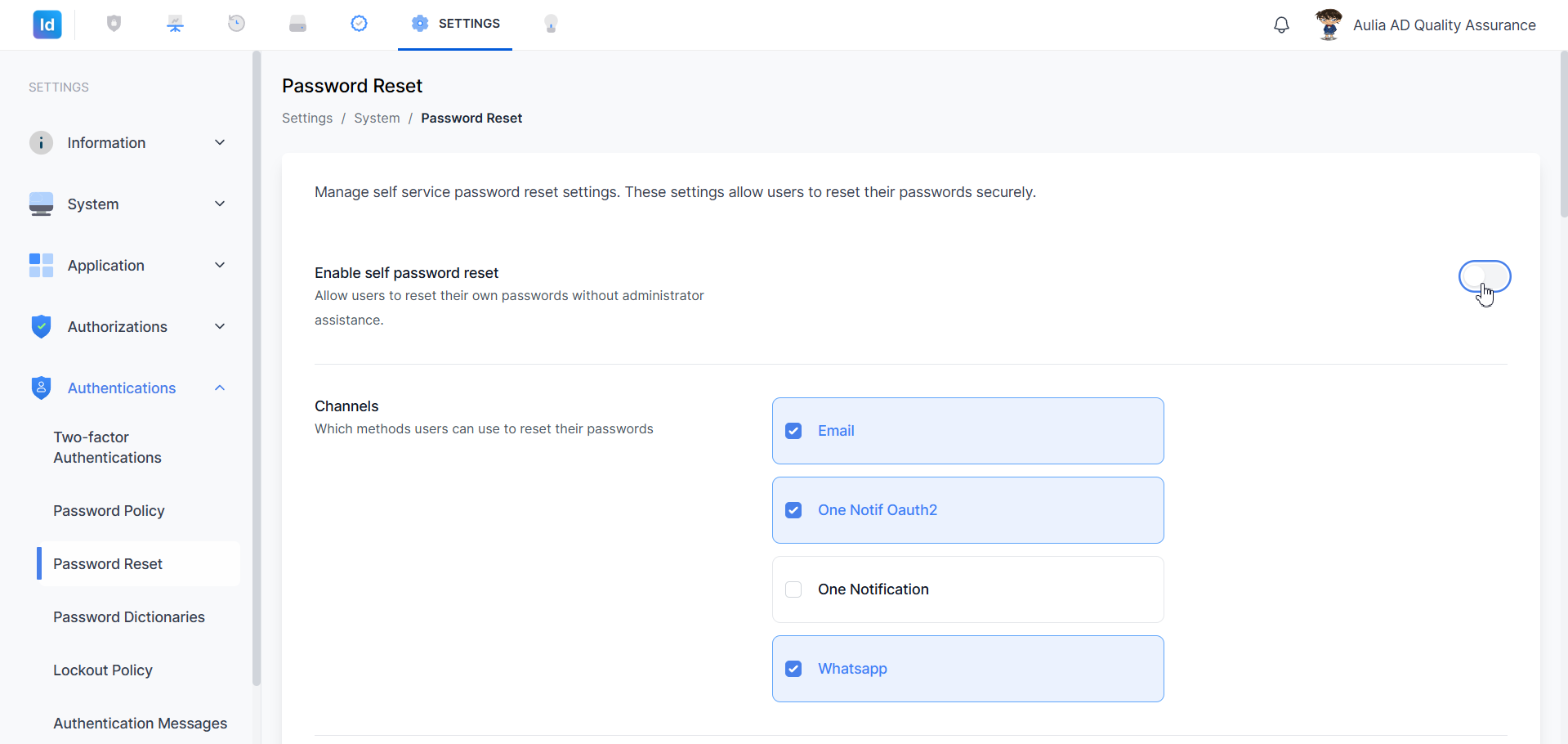 Password Reset — toggle dan channels