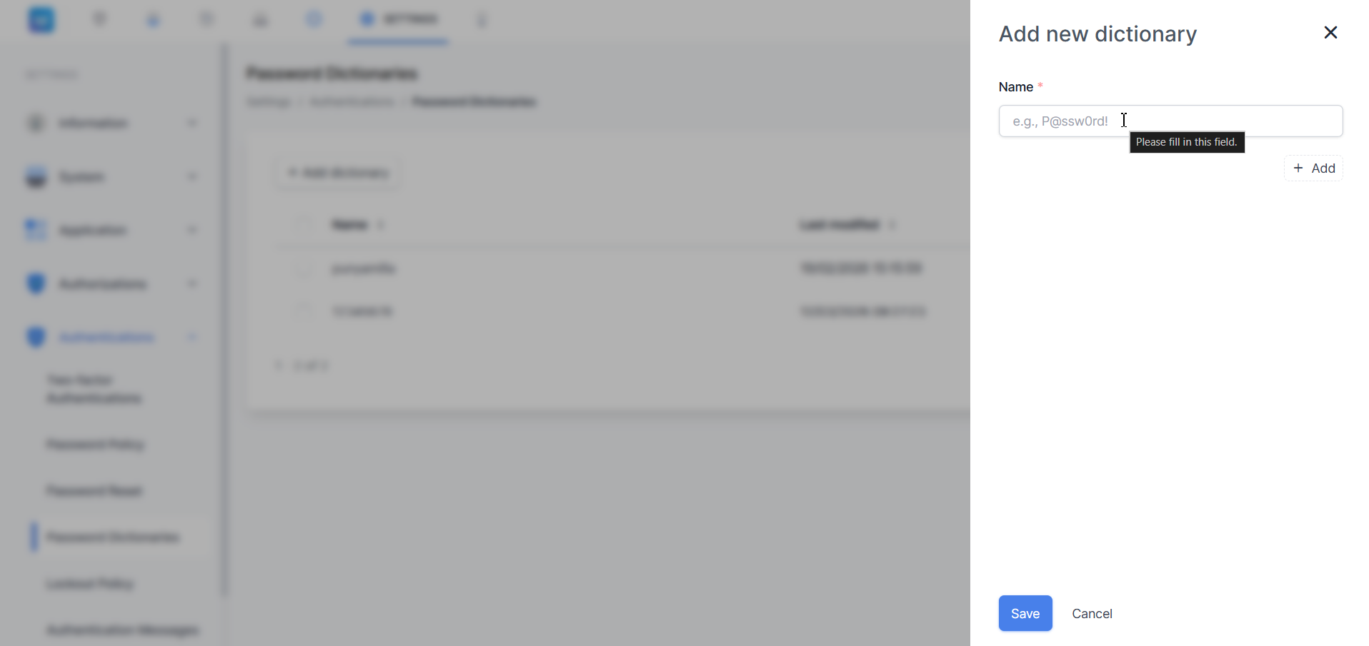 Add new dictionary — panel kosong