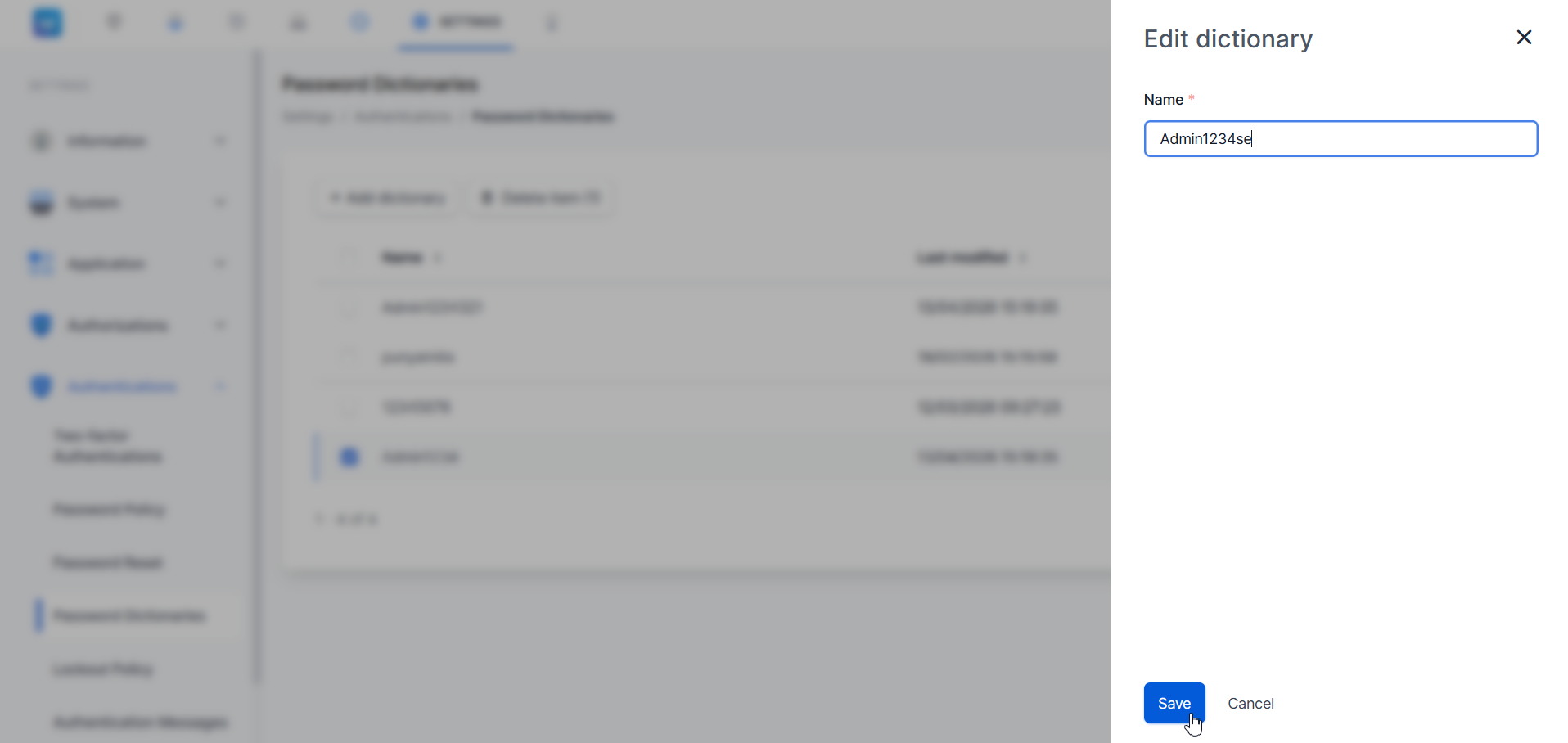 Password Dictionaries — panel Edit diklik Save