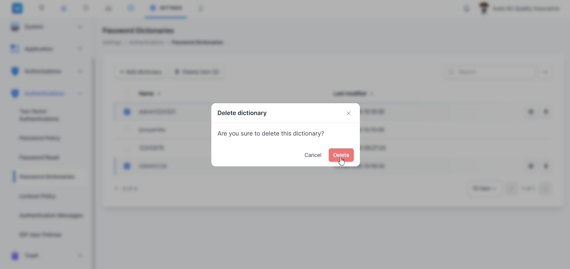 Password Dictionaries — dialog konfirmasi hapus