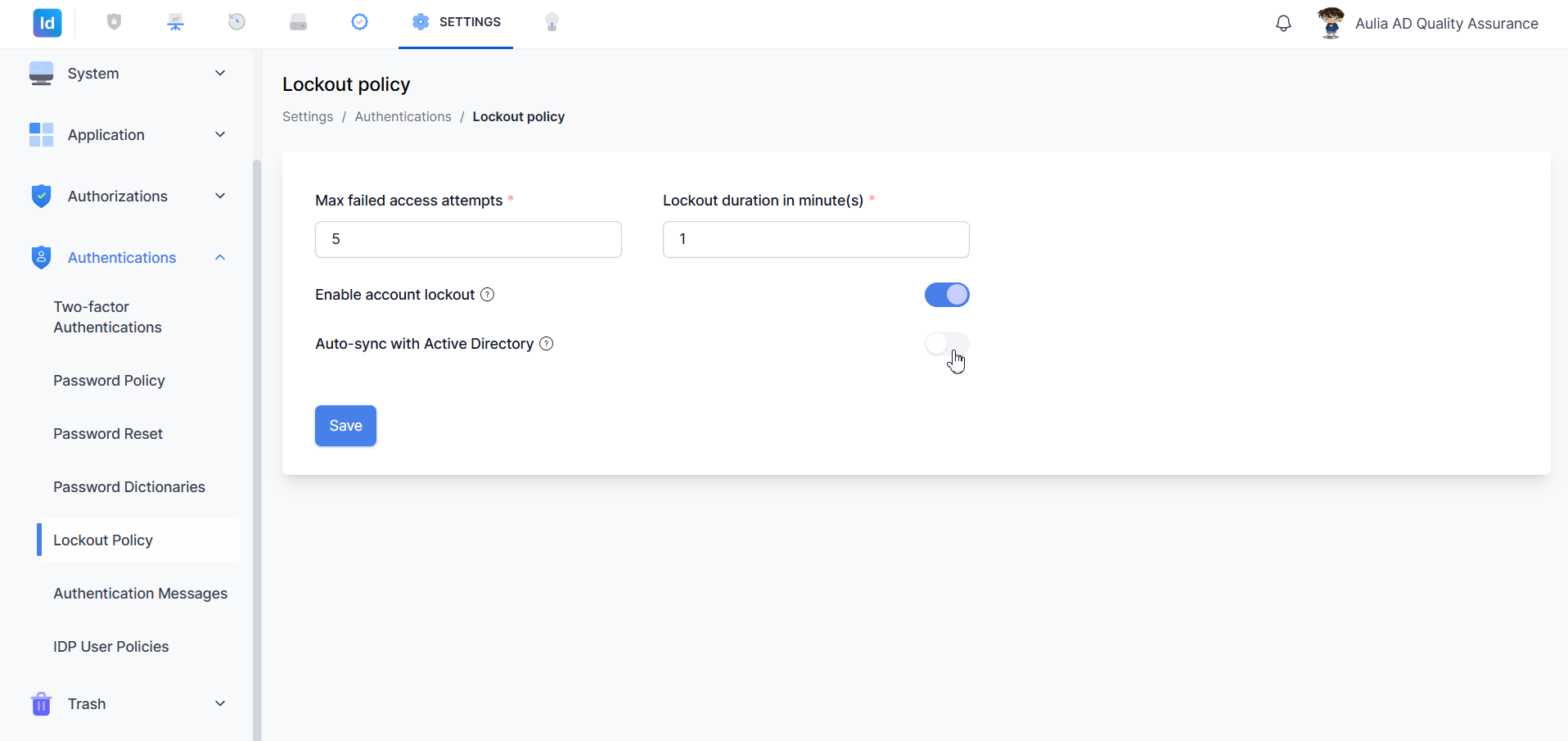 Lockout Policy — toggle Auto-sync diklik