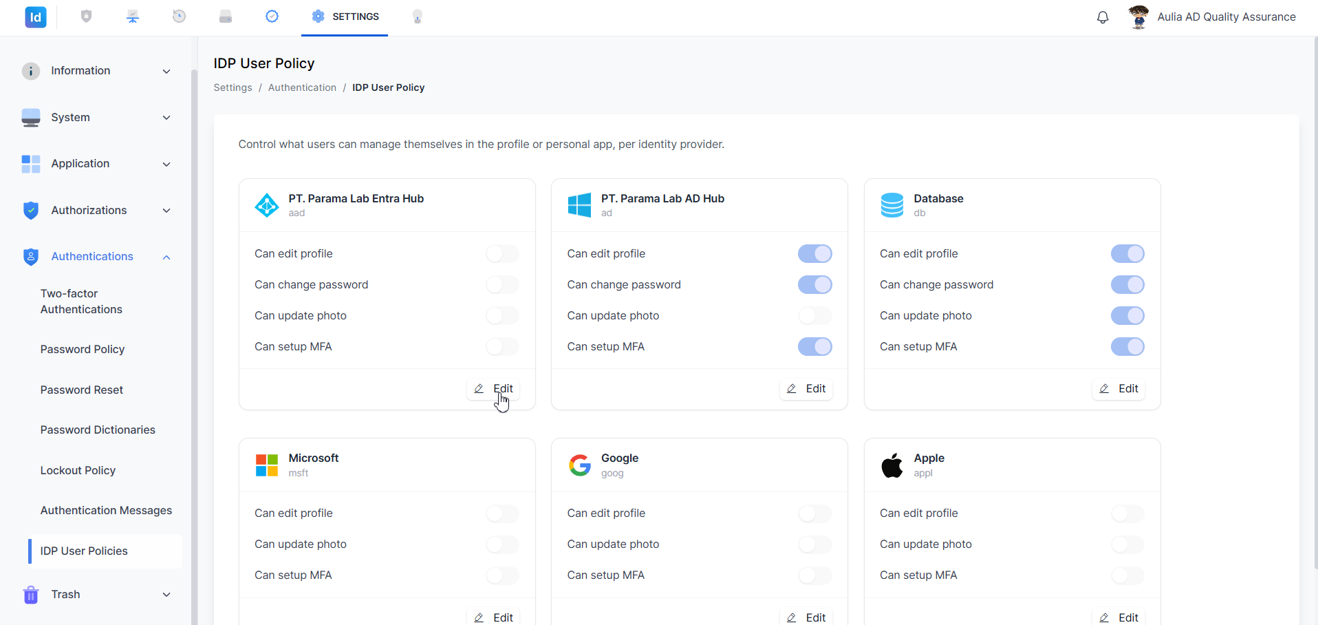 IDP User Policy — tombol Edit diklik