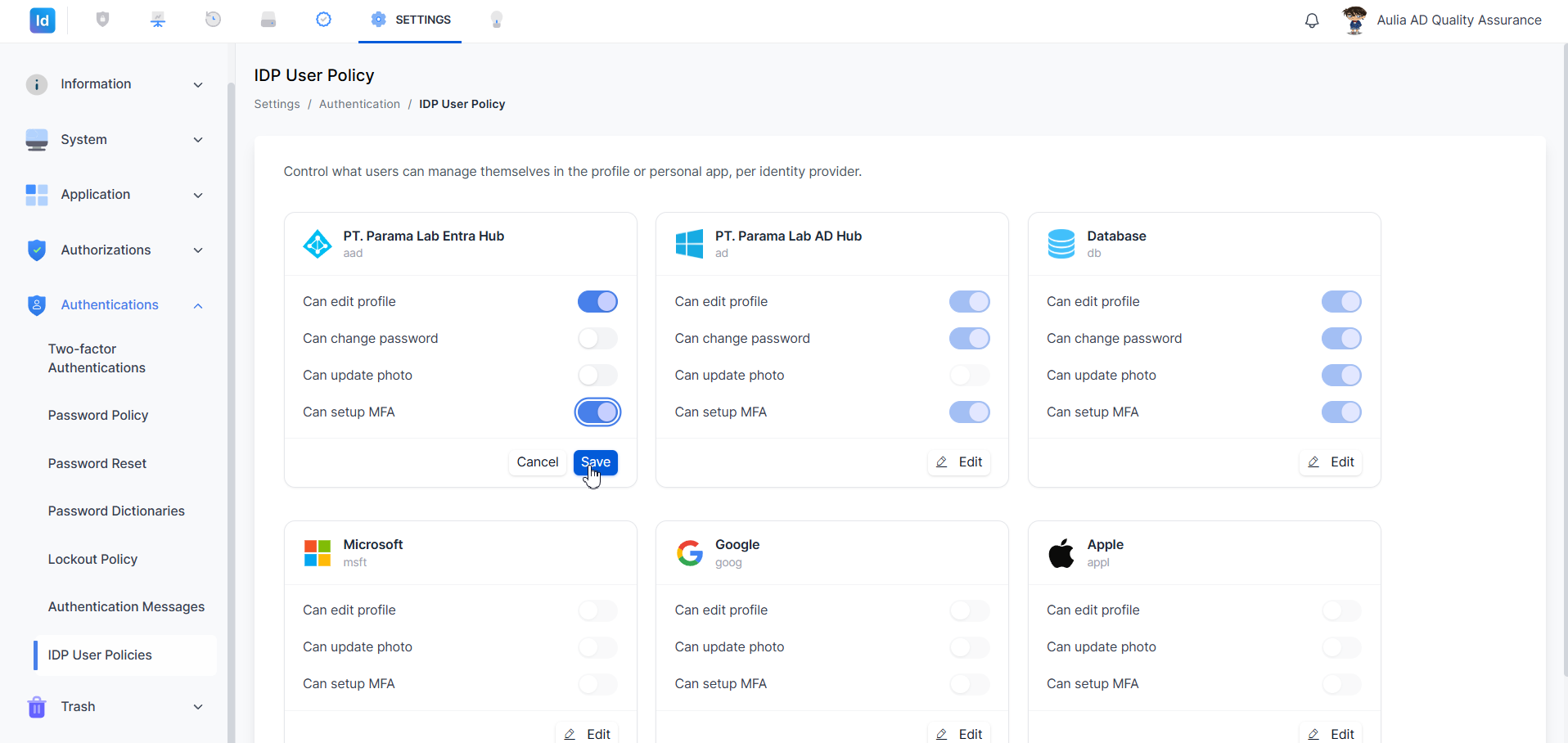IDP User Policy — mode edit, Save diklik