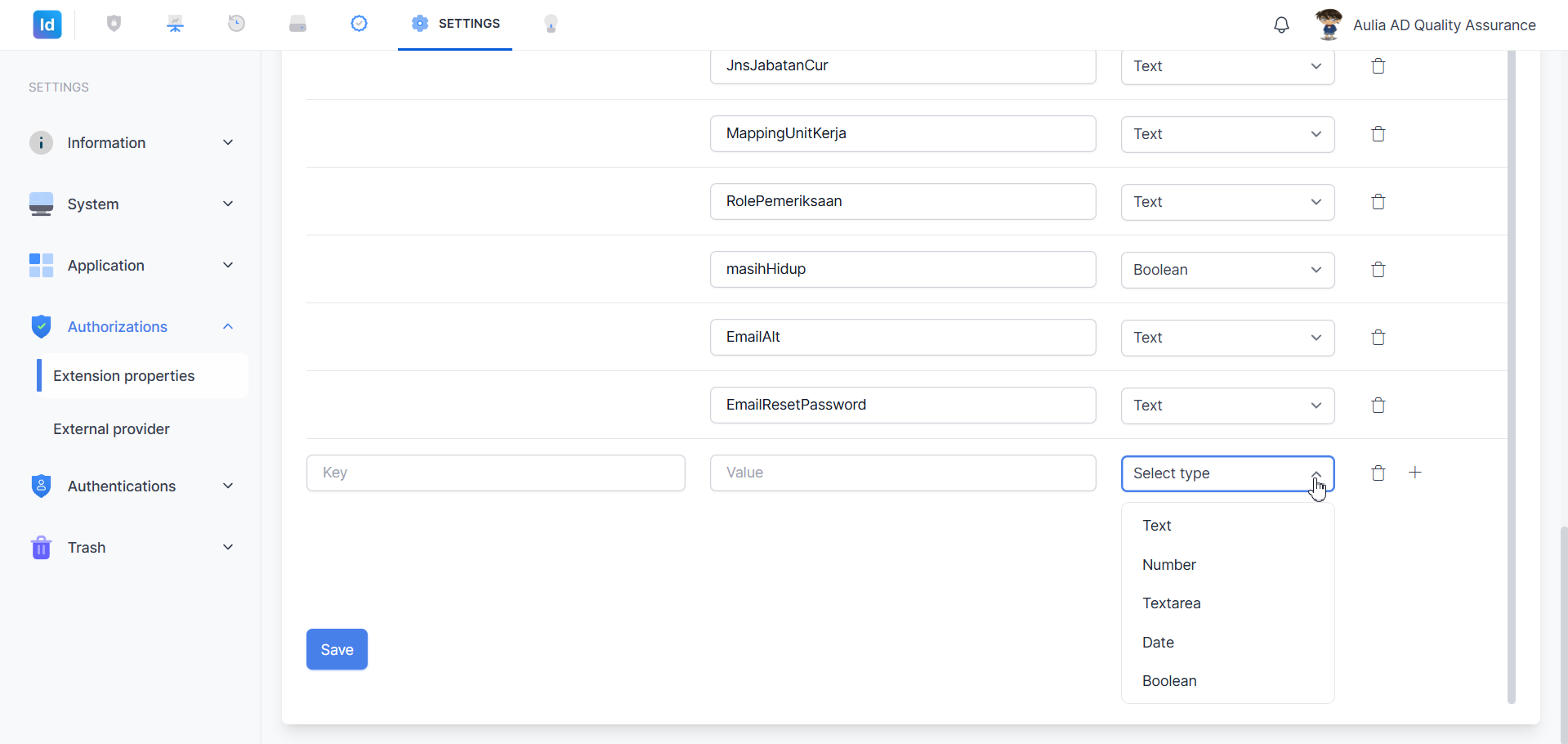 Baris baru ditambahkan — dropdown Type terbuka