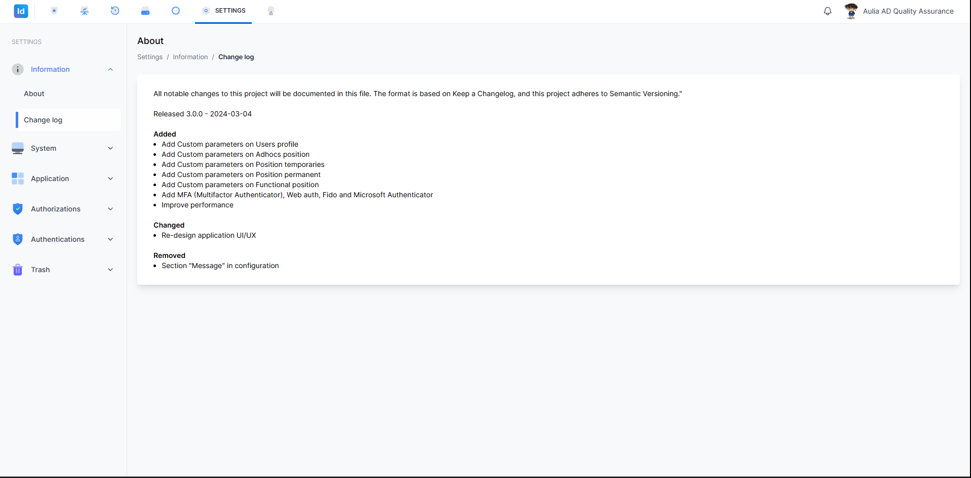 Settings — Information Change Log
