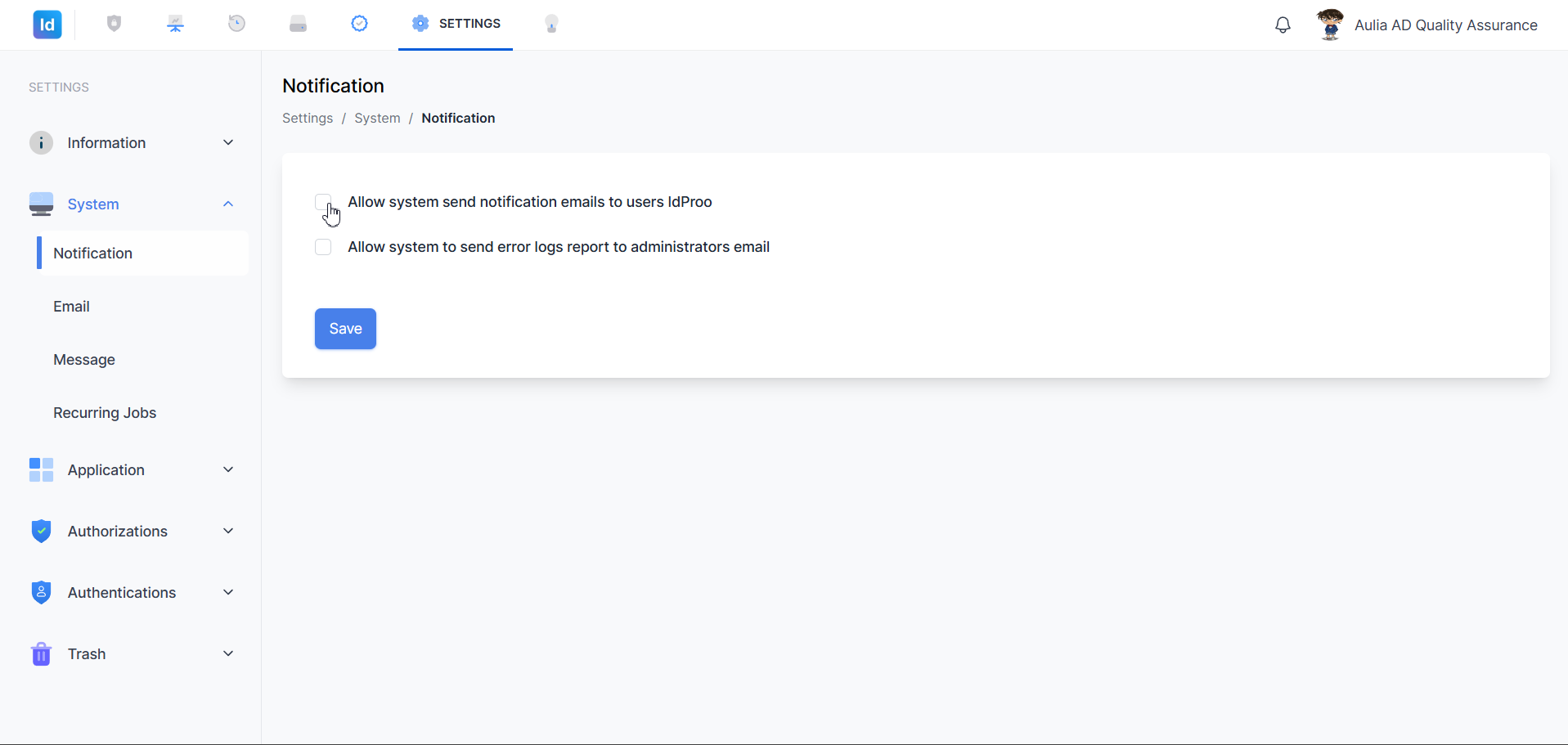 Settings — System Notification (awal)