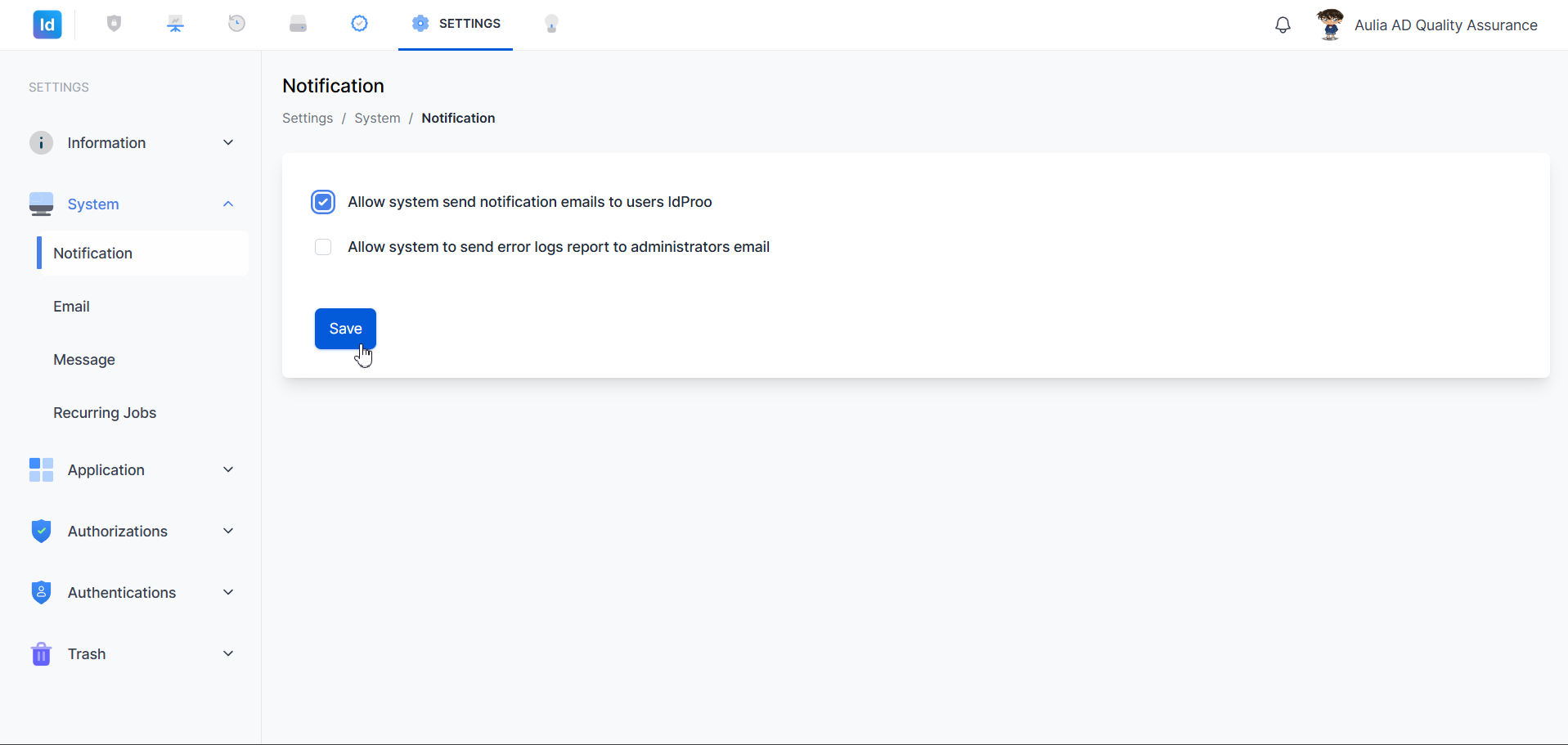 Settings — System Notification (diaktifkan)