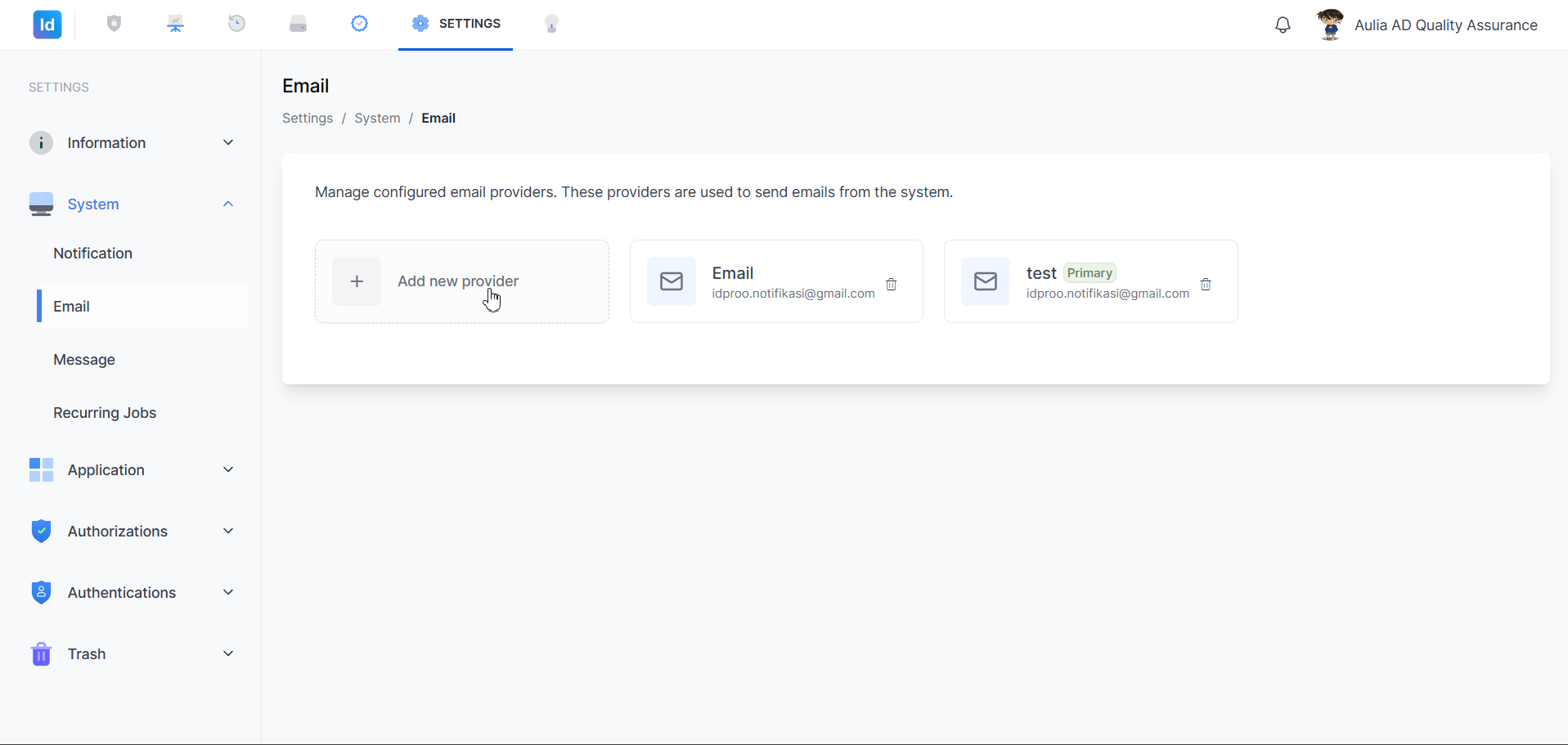 Settings — System Email (daftar)
