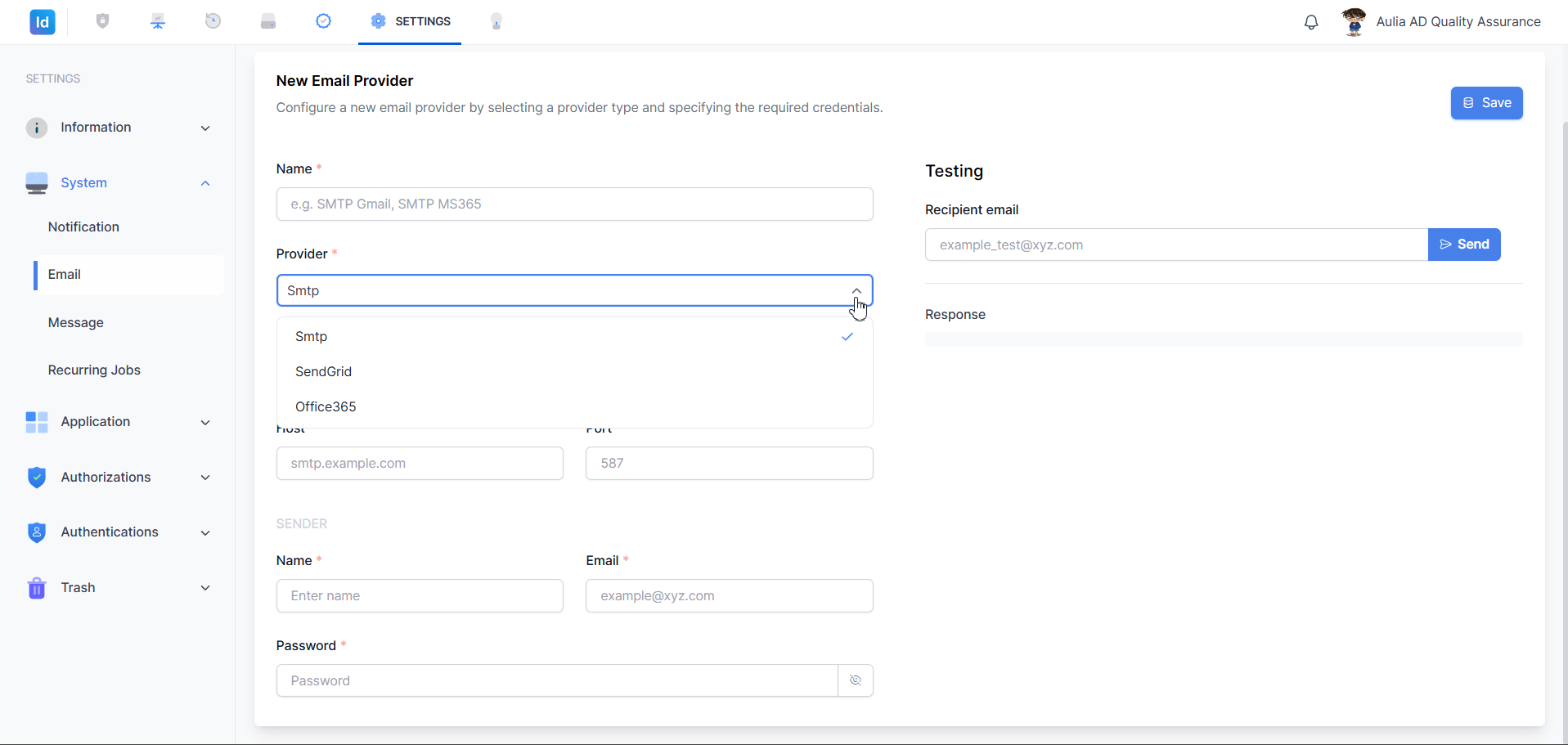 Settings — System Email — Pilih Provider