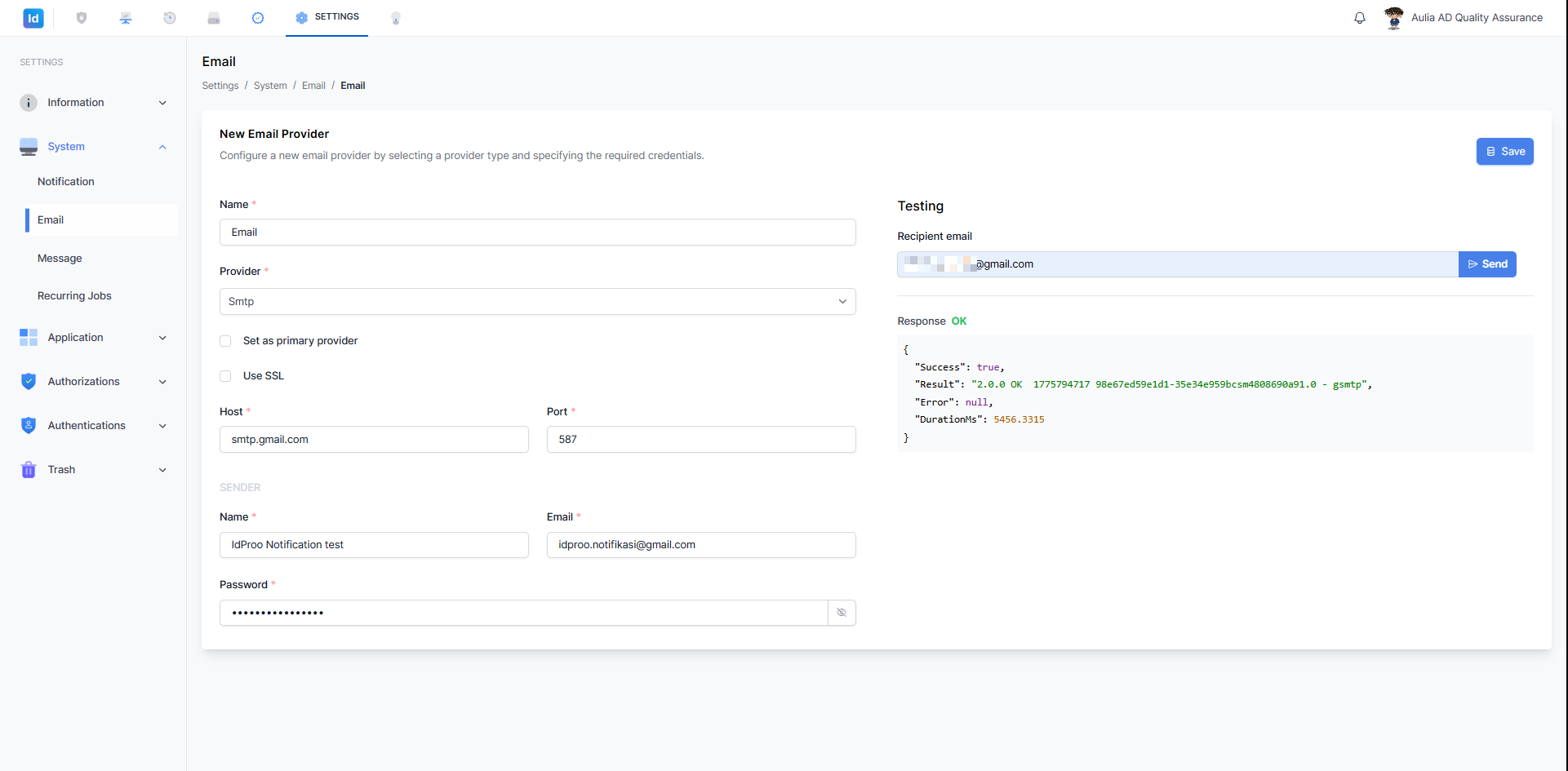Settings — System Email — Formulir terisi