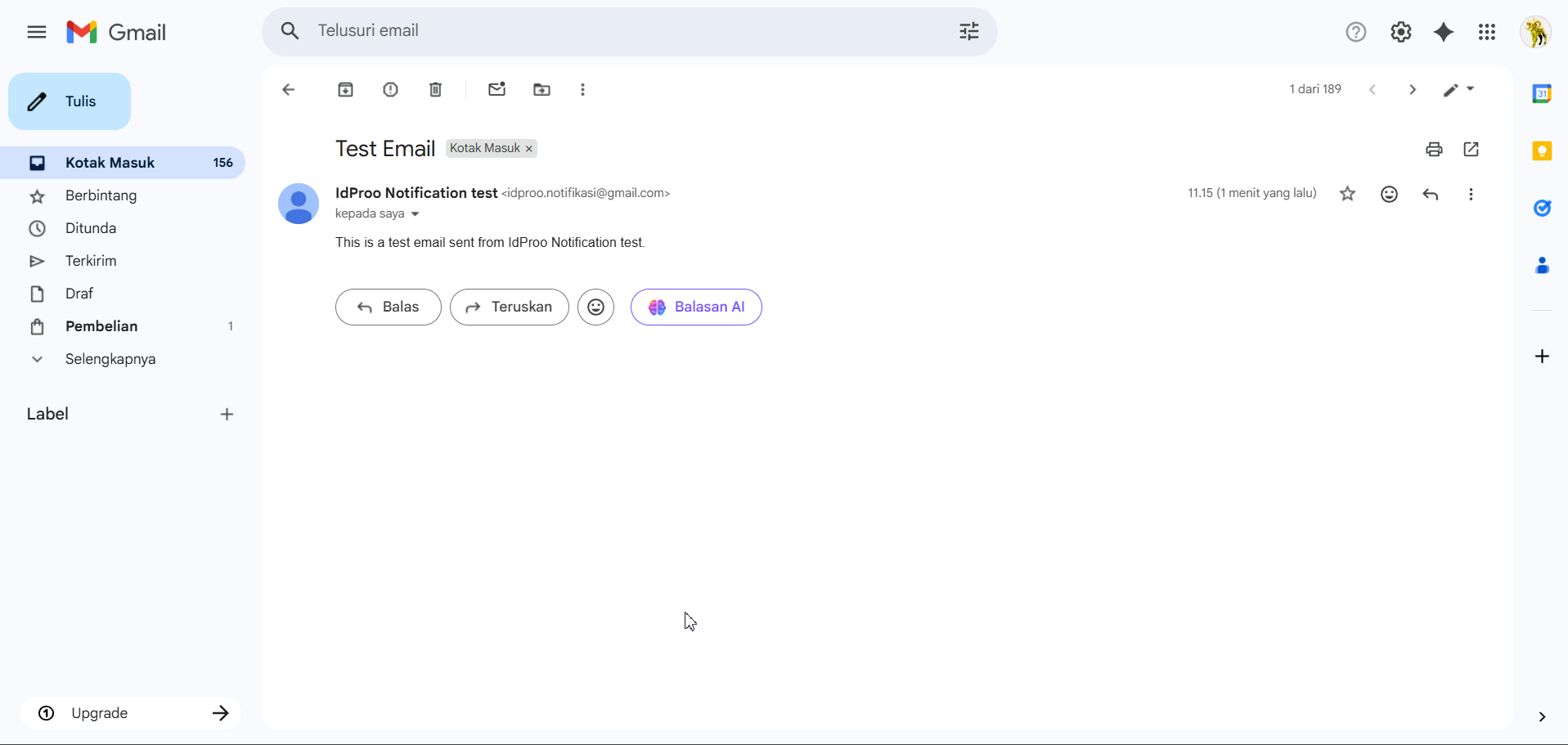 Email uji coba diterima