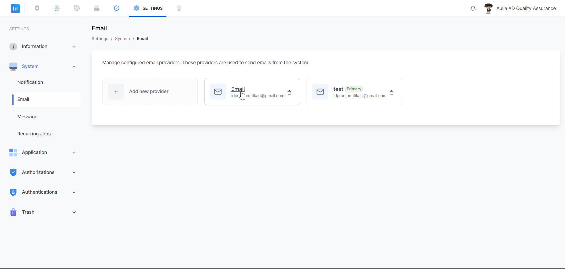Settings — System Email — Klik kartu untuk edit