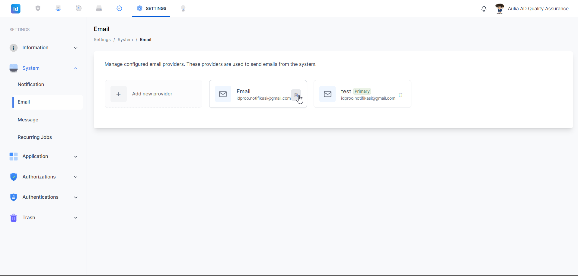 Settings — System Email — Klik ikon hapus