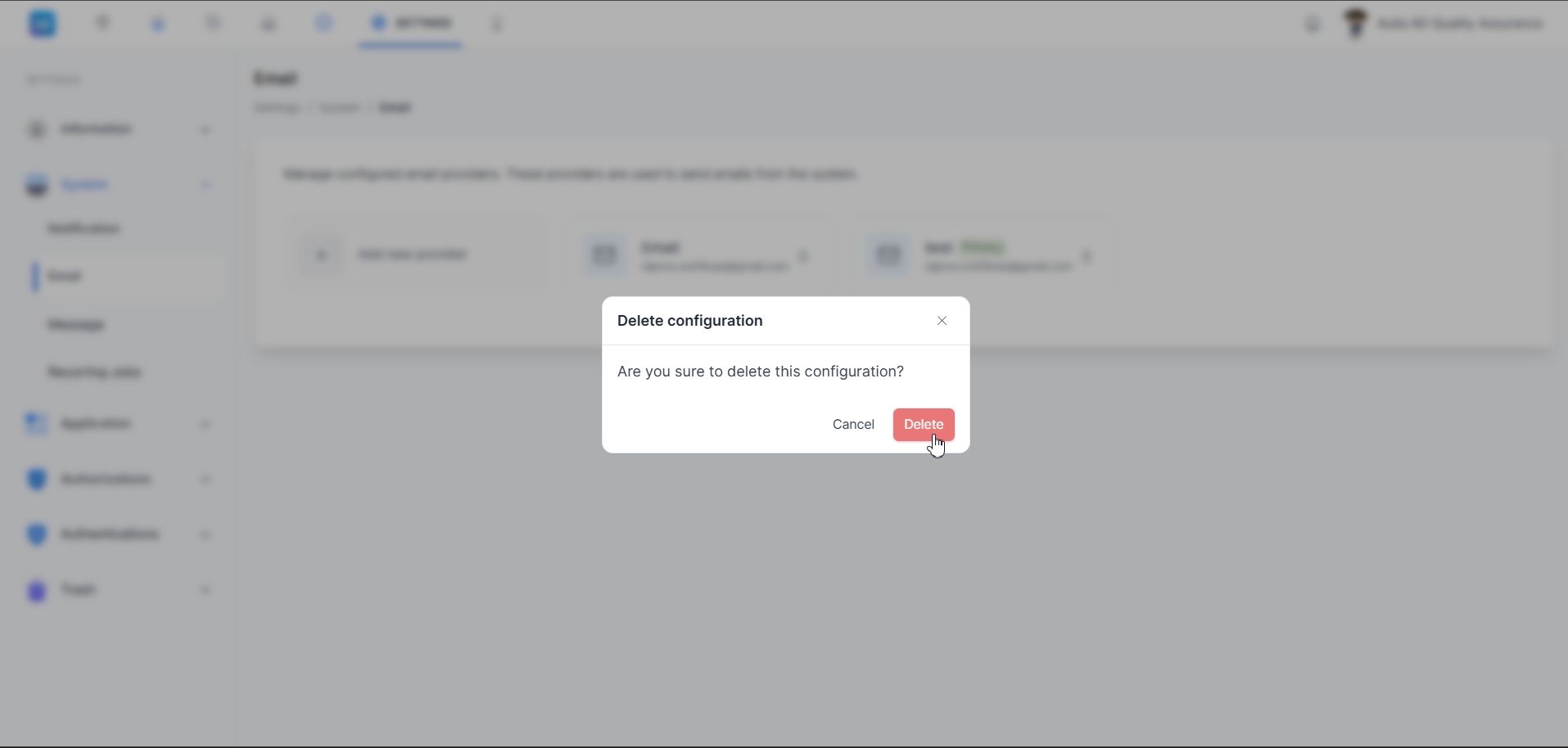 Settings — System Email — Dialog konfirmasi hapus