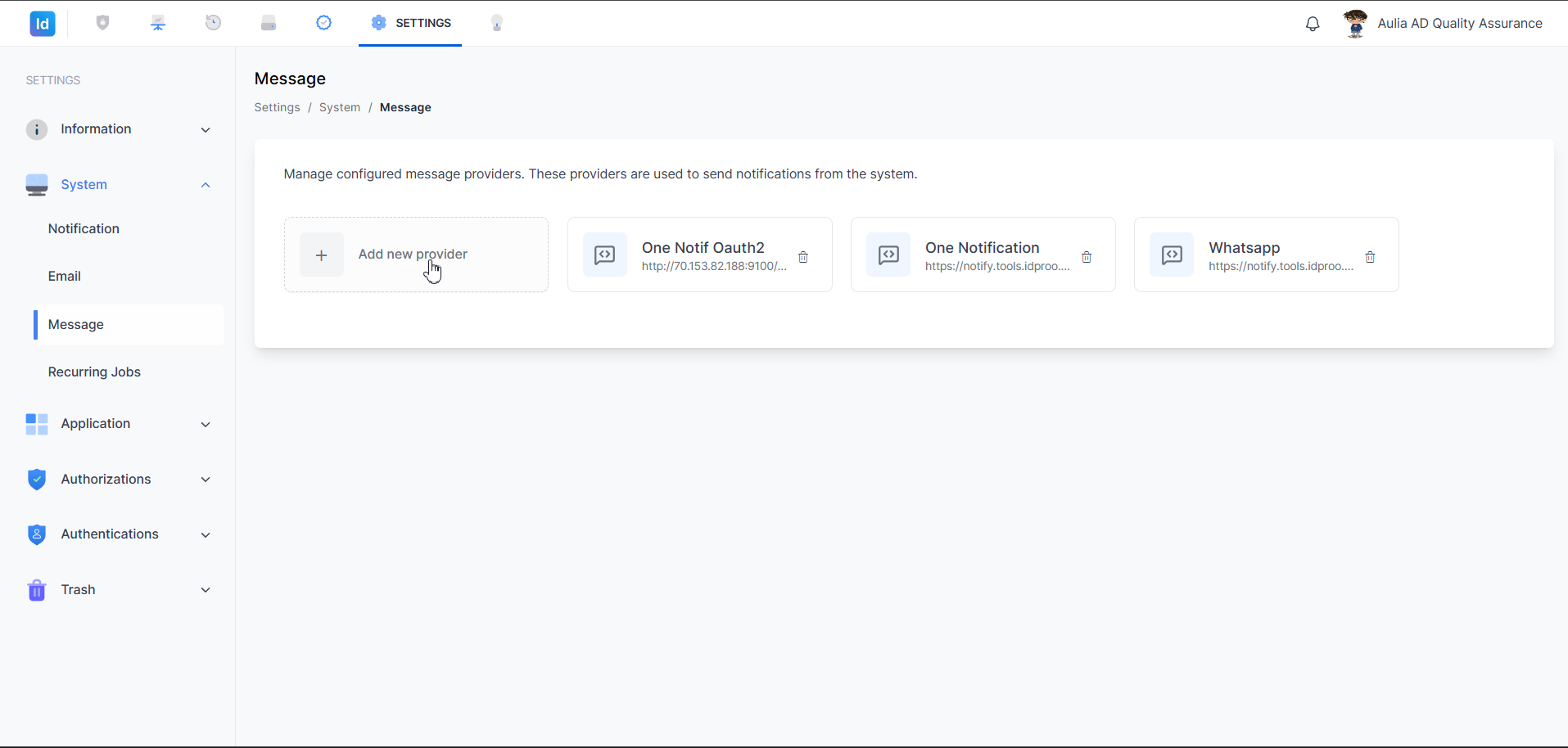 Settings — System Message (daftar)