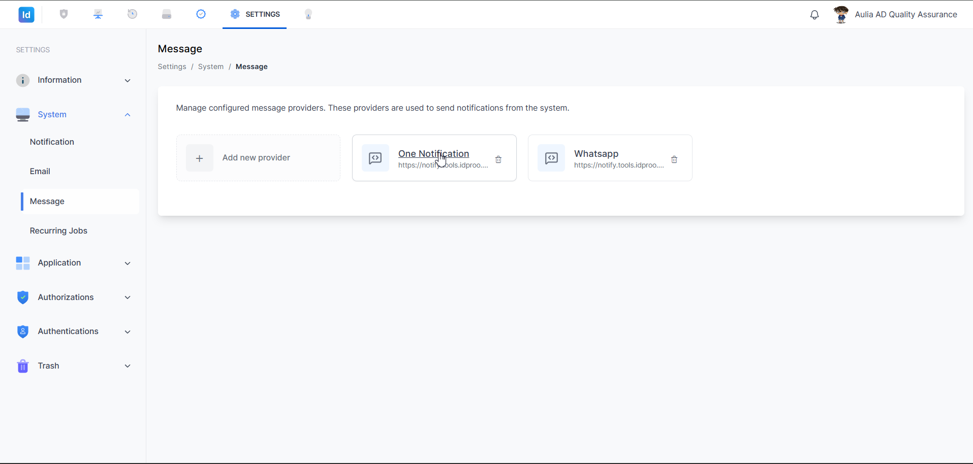 Settings — System Message — Klik kartu untuk edit