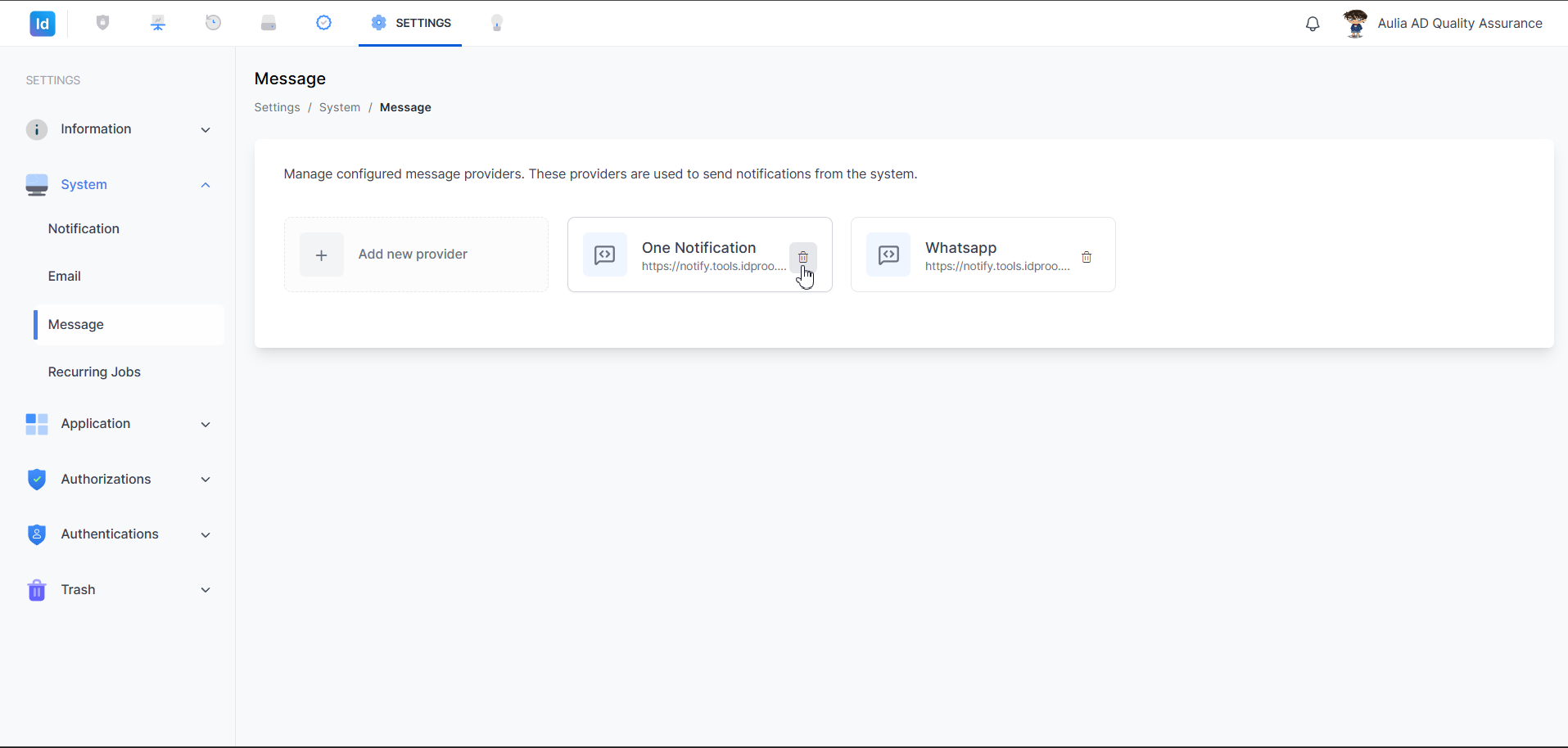 Settings — System Message — Klik ikon hapus