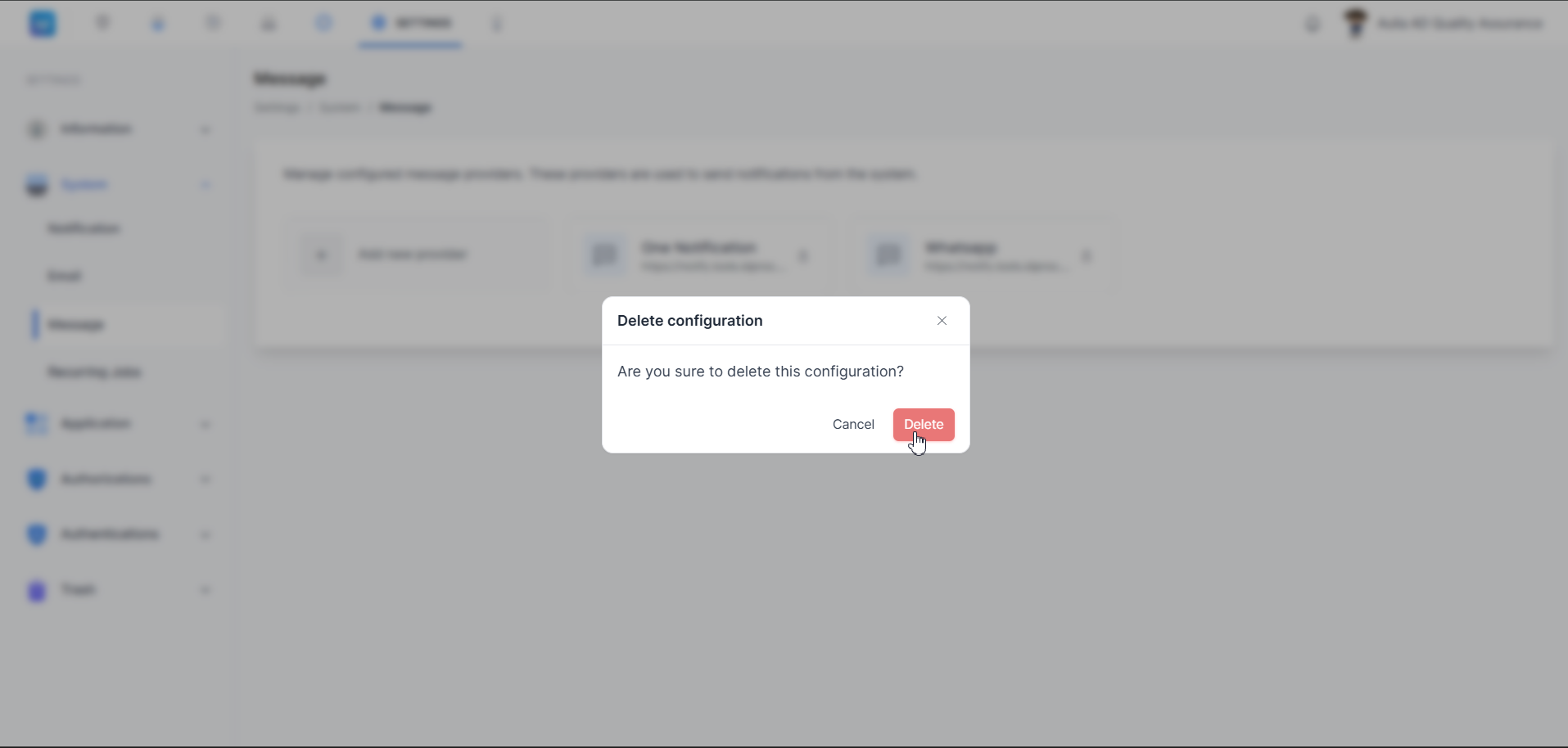 Settings — System Message — Dialog konfirmasi hapus