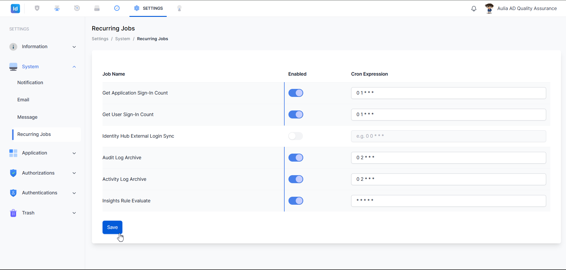Settings — System Recurring Jobs