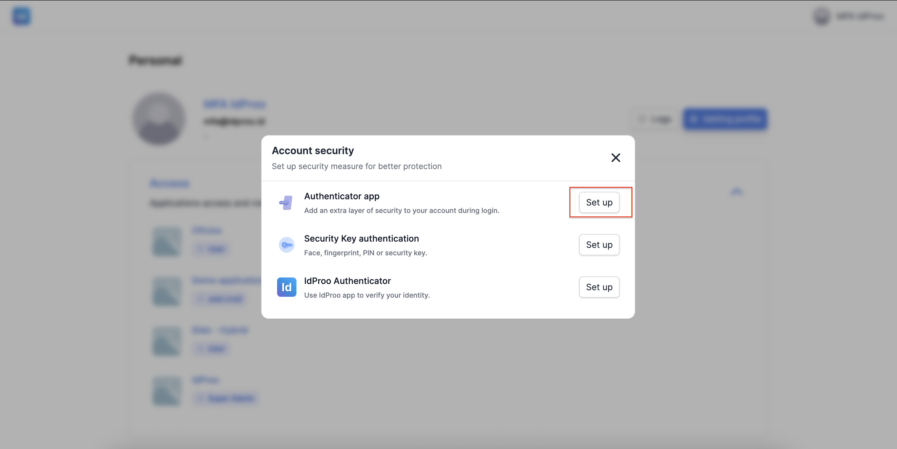 Langkah 3 - Pilih Authenticator App dan klik Set up