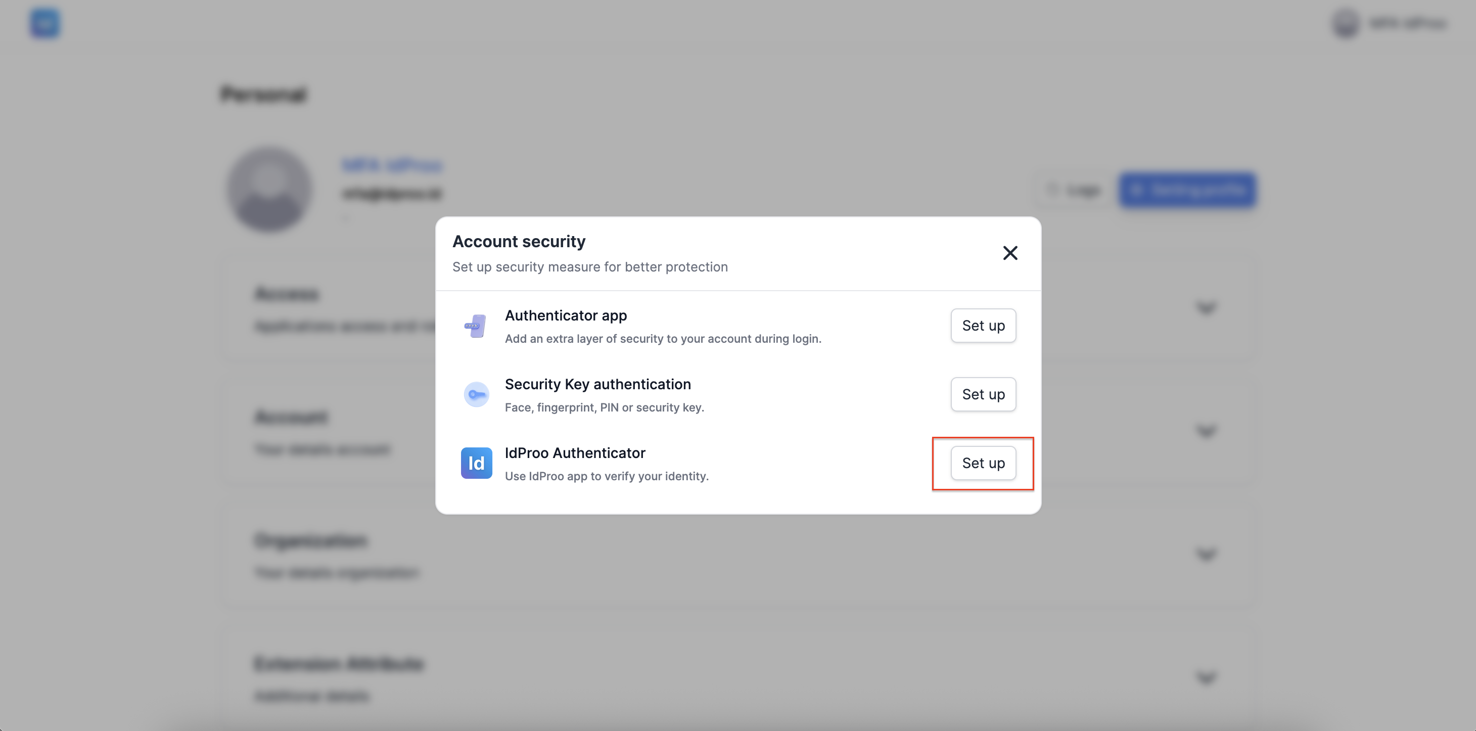 Klik Set Up IdProo Authenticator