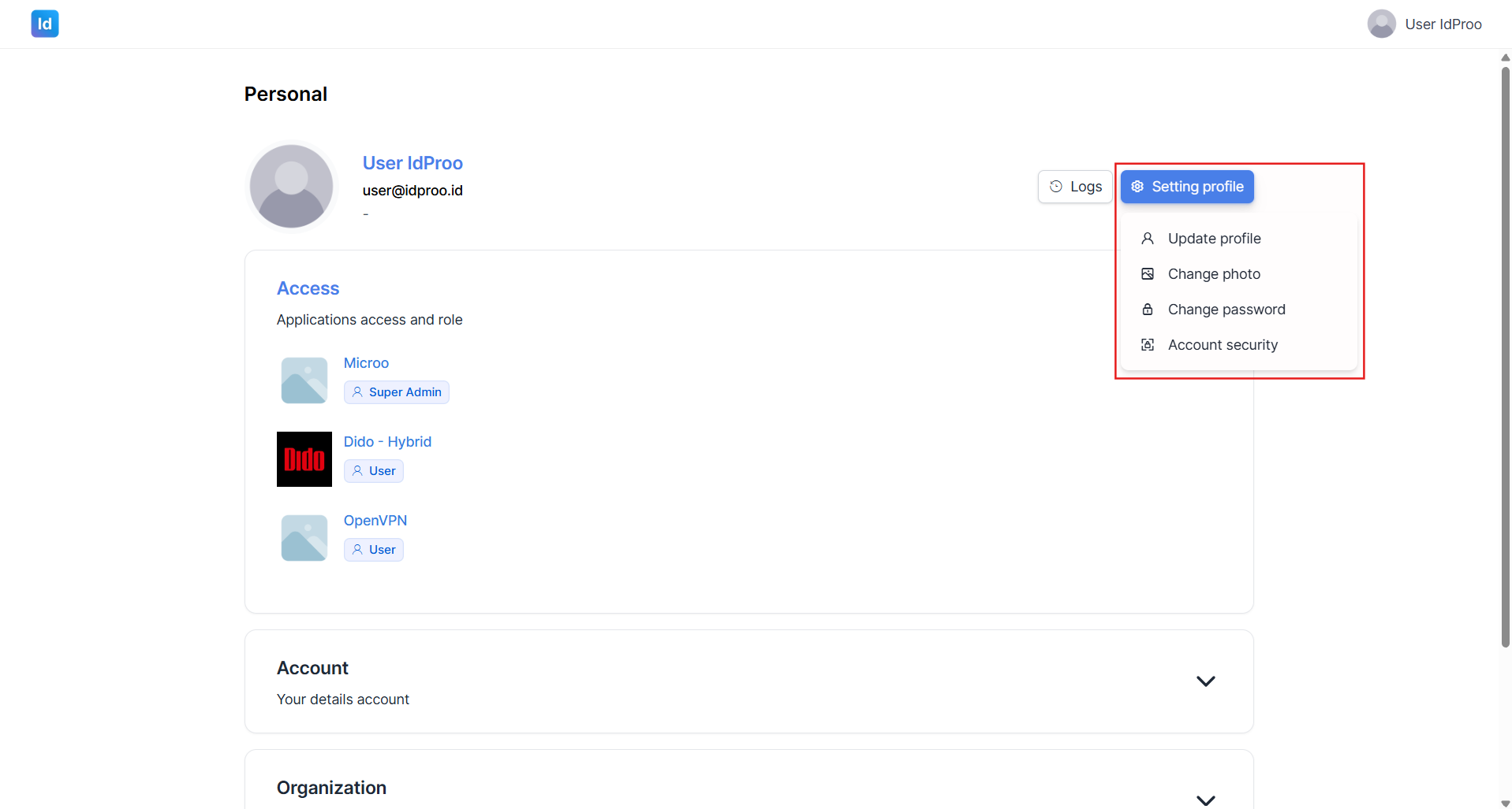 Halaman profil dengan menu Setting profile terbuka