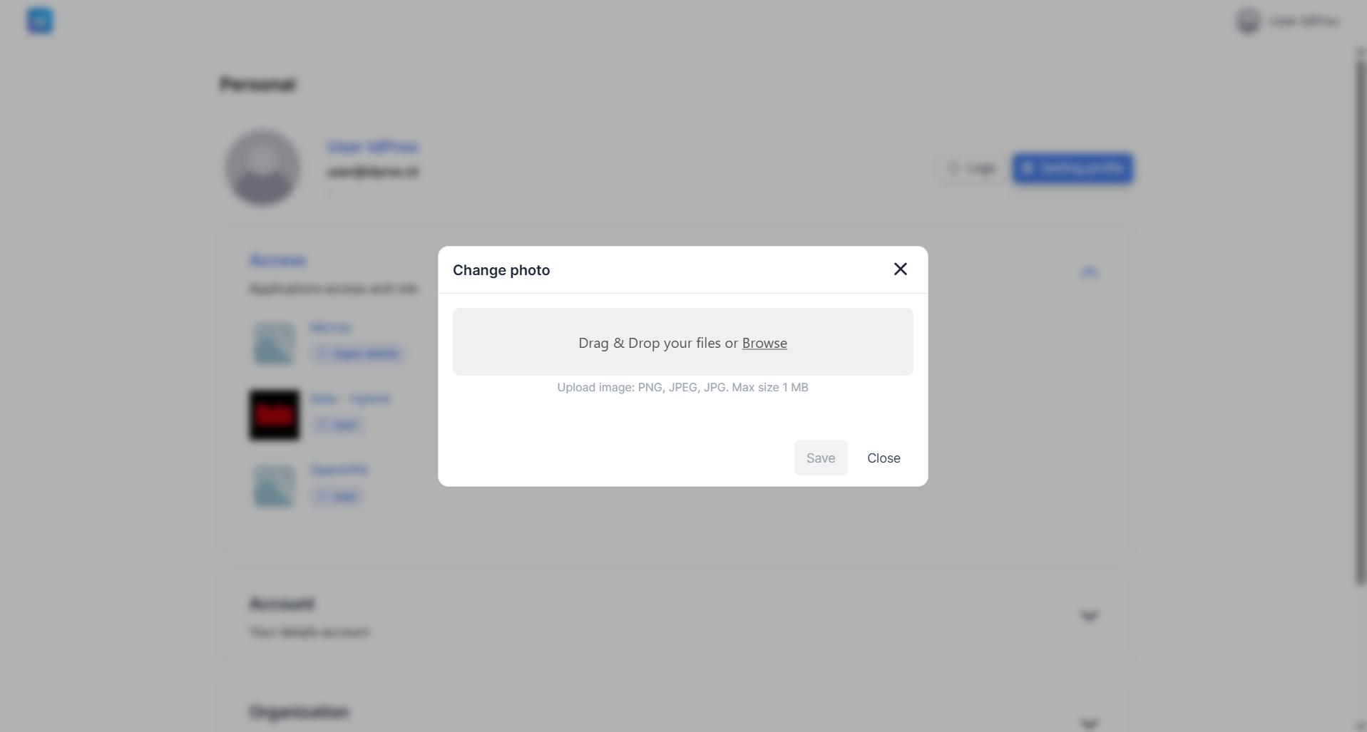 Dialog Change photo dengan area drag and drop